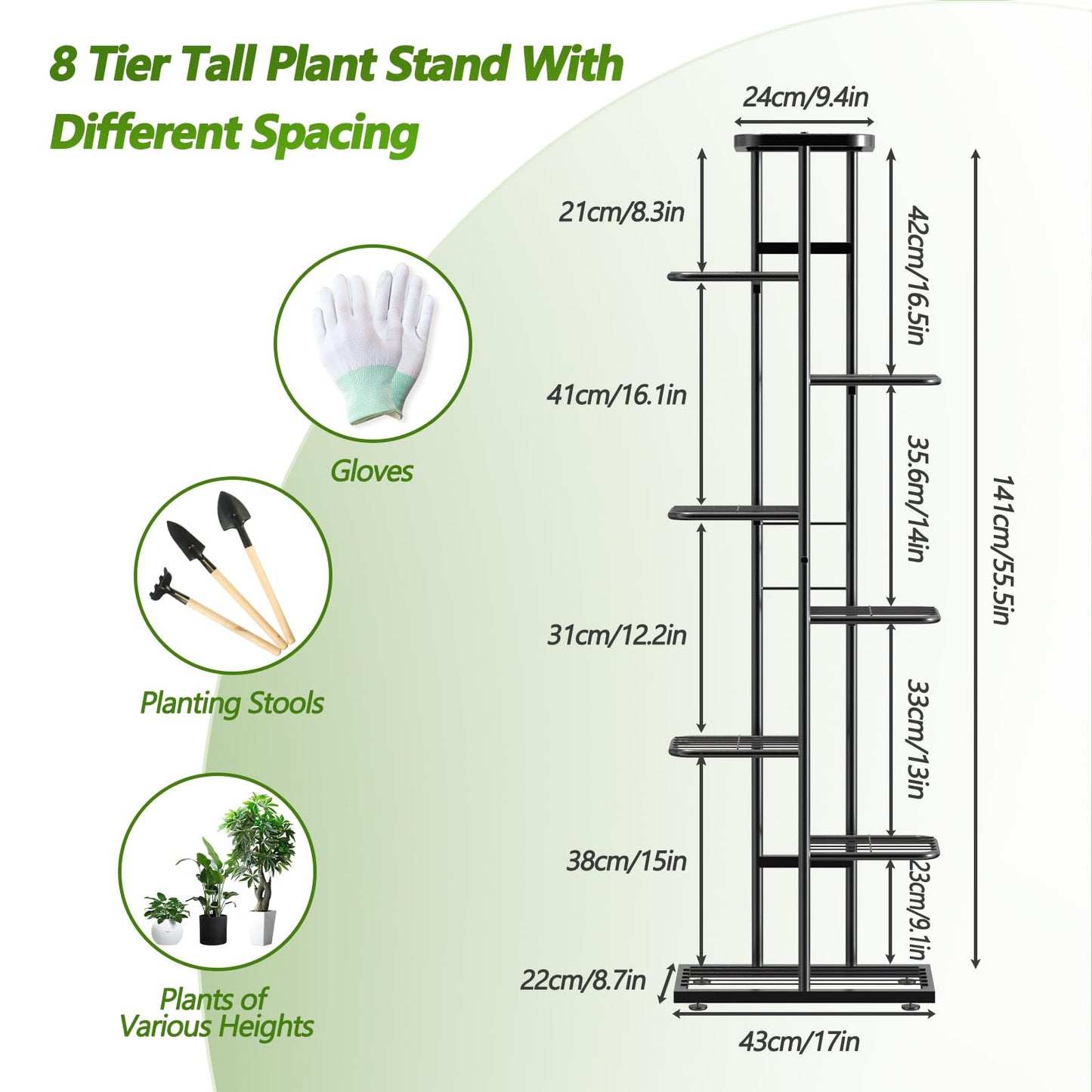 8 Tier 9 Potted Plant Stand Indoor, Black Tall Metal Corner Plant Shelf Organizer Outdoor Multiple Flower Pot Holder Display Rack for Patio Garden Balcony Living Room