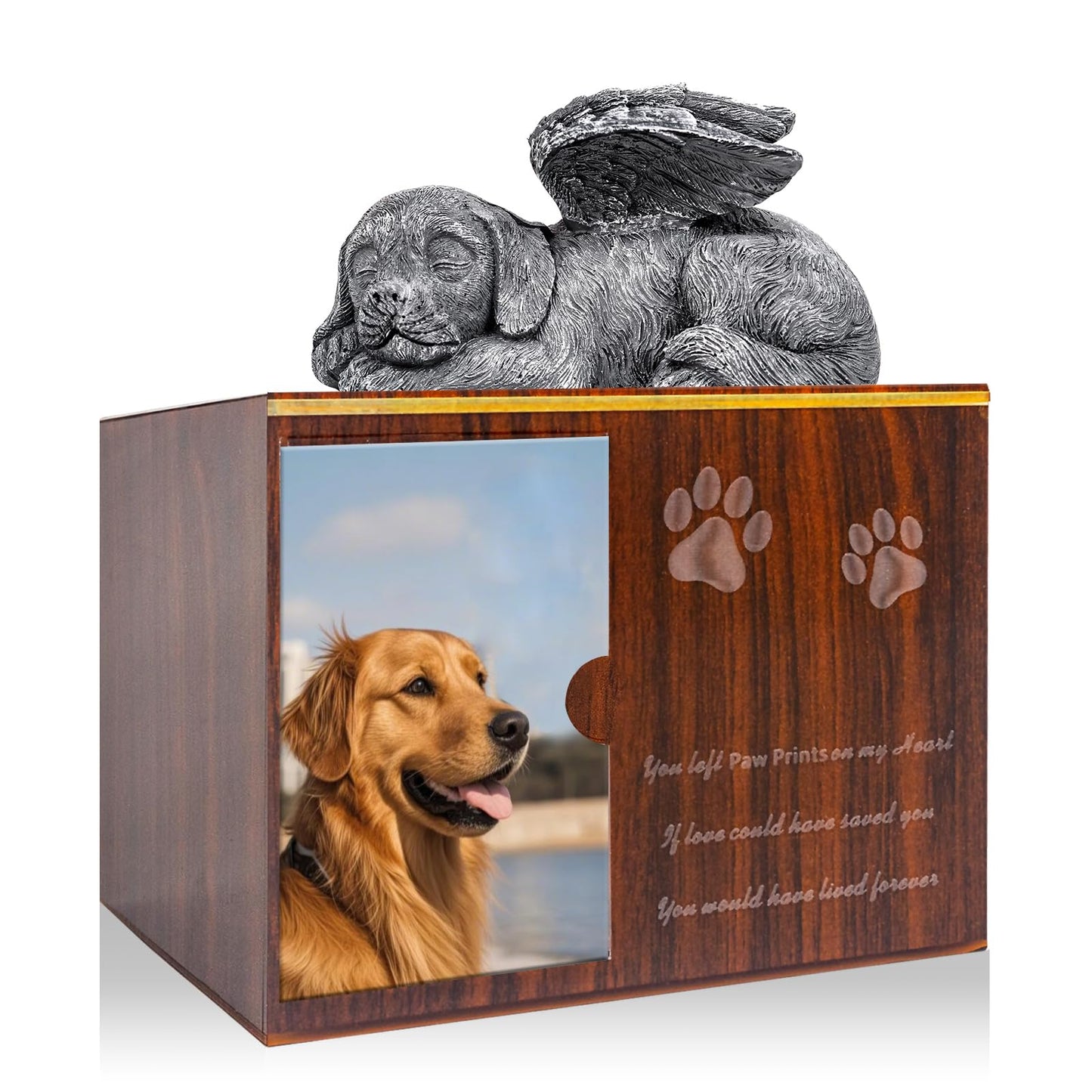 Cityjoy Dog Urn for Ashes, Large Wooden Texture Acrylic Memorial Urn with Angel Dog Statue, Pet Urns for Dogs Ashes Keepsake Box, Sympathy Remembrance Gift for Loss of Beloved Pet Urns for Dogs