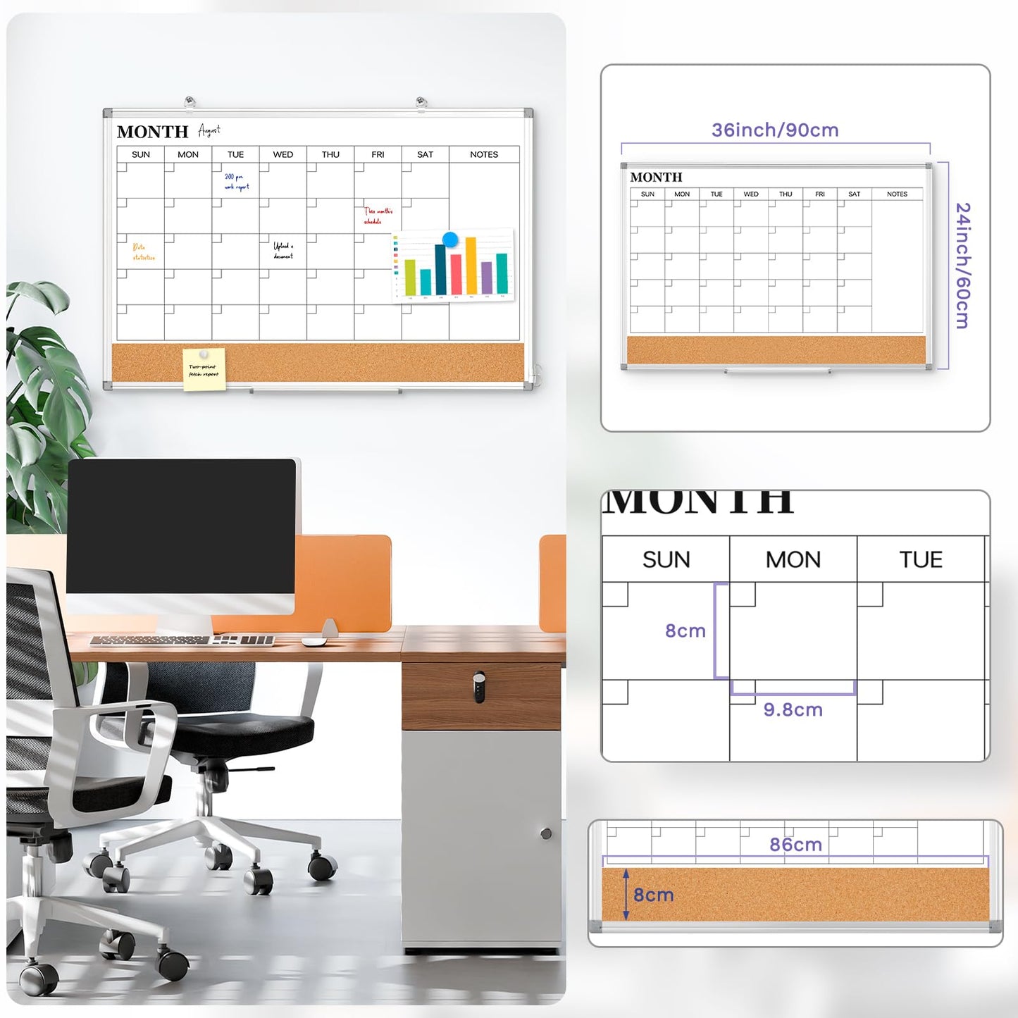 Dry Erase Calendar & Cork Board Combo 36"x24", Double-Sided Magnetic Whiteboard for Wall, Large Monthly Planner with 3-in-1 Versatility, Aluminum Frame Memo Board for Home, Office & School