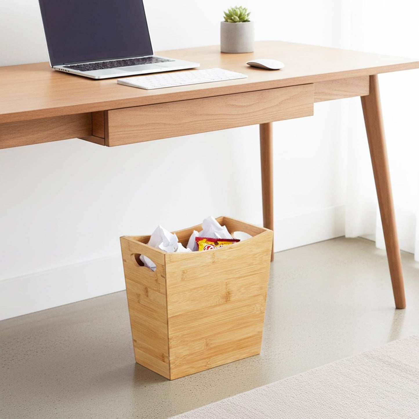 TOPZEA Bamboo Waste Basket, Rectangular Narrow Trash Can with Handle Wastebasket Waste Bin Garbage Can for Bathroom, Bedroom, Office and Home, 10.5" x 5.7" x 10.25"