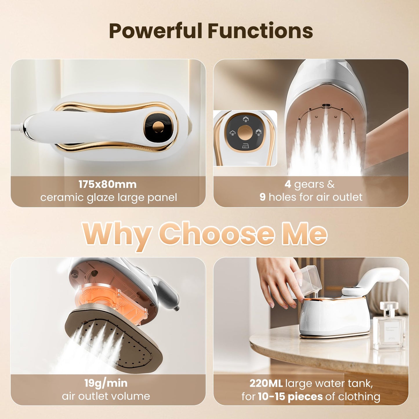 Mitdir Portable Clothes Steamer 175x80mm Ceramic Glaze Panel Iron LCD 220ml Water Tank 1200W & 15s Fast Heat Up 4-speed Steamer for Clothes of all Fabrics Dry&Wet Iron for Home Travel Business Trip