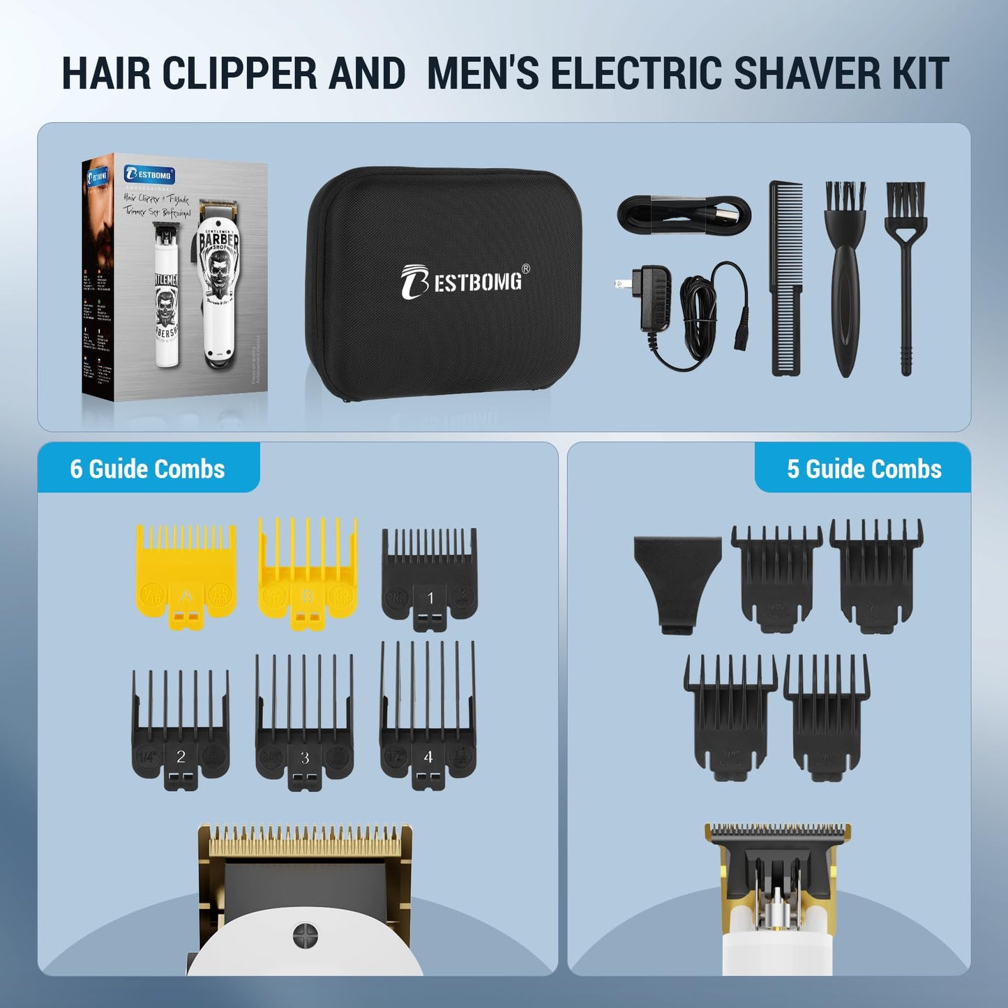 BESTBOMG 2PCS Professional Hair Clippers Cordless Hair Haircut Kit Rechargeable 2000mAh Hair Beard Trimmer Haircut Grooming Kit with 6 Guide Combs & for Men/Father/Husband/Boyfriend