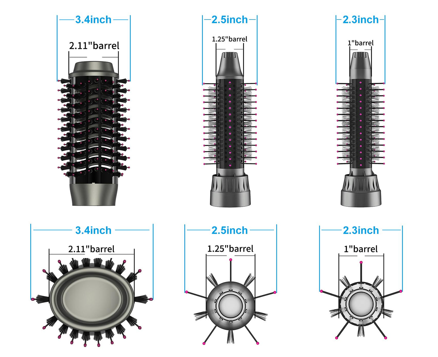 Hair Blow Dryer Brush, Salon Styler, Hot Air Hair Dryer and Volumizer Kit with Three Interchangeable Barrels | Replacement Parts Orderable
