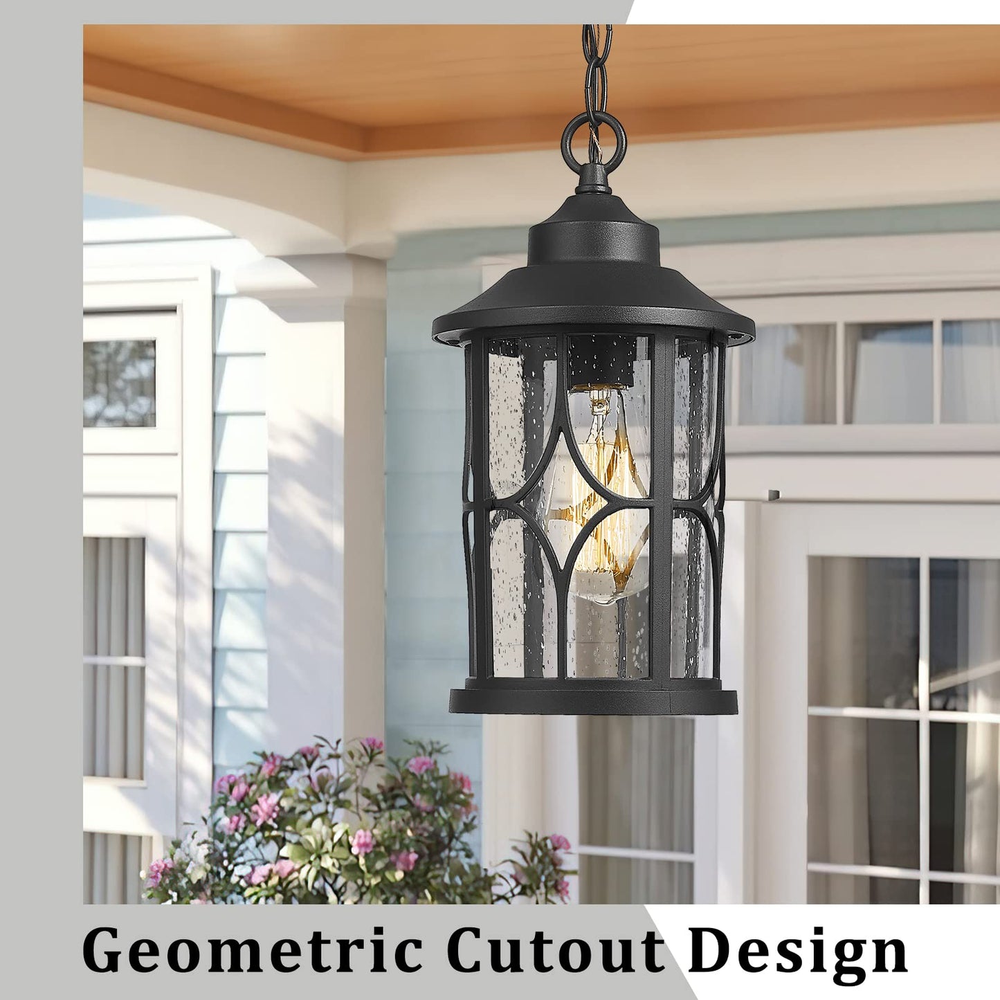 Zeyu Outdoor Pendant Light for Porch - 12 Inch Farmhouse Exterior Hanging Lantern with Seeded Glass, Black Finish, ZX48H BK