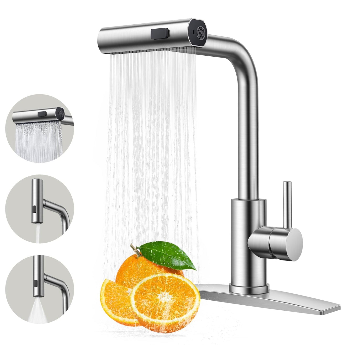 FORIOUS Kitchen Faucet with Pull Down Sprayer, Waterfall Sink Faucet for 3 Function, Stainless Steel Single Handle Modern Laundry Faucet for Farmhouse, Camper, Rv, Bar, Brushed Nickel