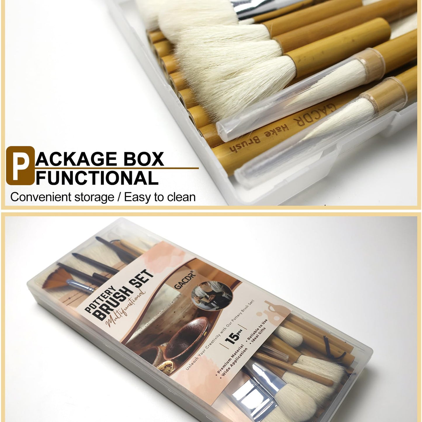 GACDR Pottery Brushes for Glazing, 15 Pcs Ceramic Brush Set With Storage Box, Wool Bamboon Hake for Pottery, Acrylic, Watercolor