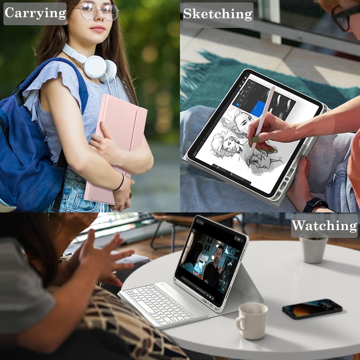 Keyboard Case for iPad Pro 12.9 inch (Old Model) 2015 1st / 2017 2nd Gen - Rechargeable, Detachable Wireless Bluetooth Keyboard - Folio Smart Leather Cover with Pencil Holder for iPad Pro 12.9” - Pink