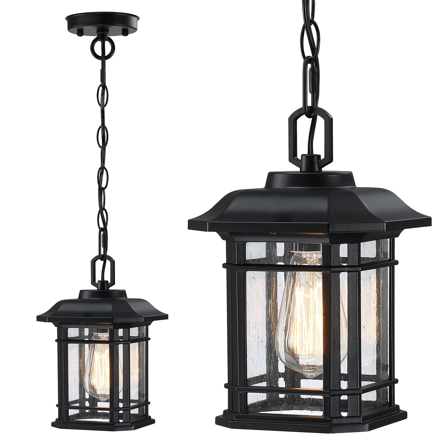 MYHXQ 11'' Outdoor Pendant Lights for Porch, Black Exterior Hanging Lanterns Outdoor, Farmhouse Outdoor Ceiling Light Fixture, Waterproof Tempered Seed Glass Outdoor Chandelier, 1Pack