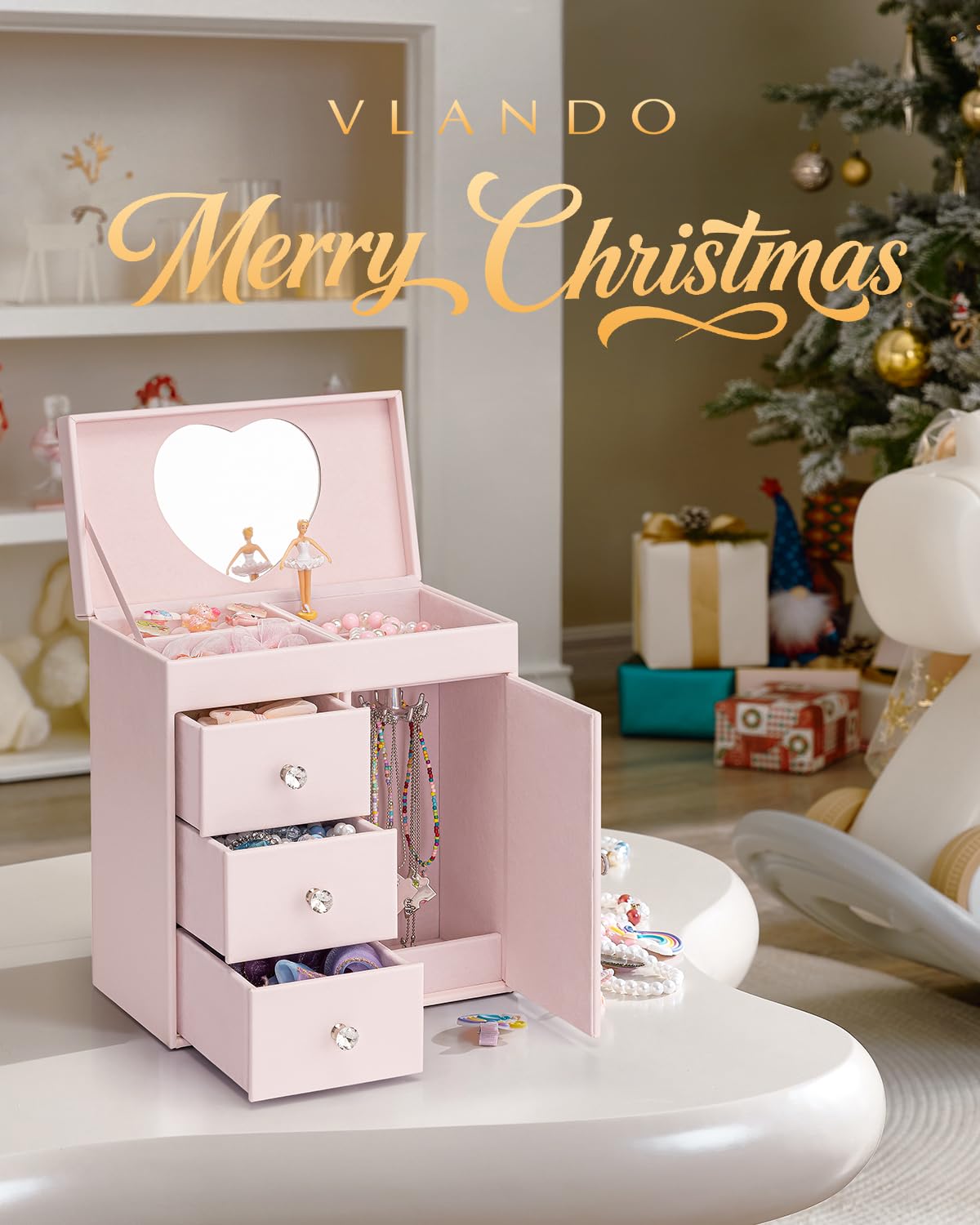 Vlando Musical Jewelry Box for Girl,4 Layer Large Music Jewelry Boxes with Ballerina,Girls Jewelry Box with Mirror, Birthday Childrens Gifts,Girls Gifts 8-12 years old,Light Pink