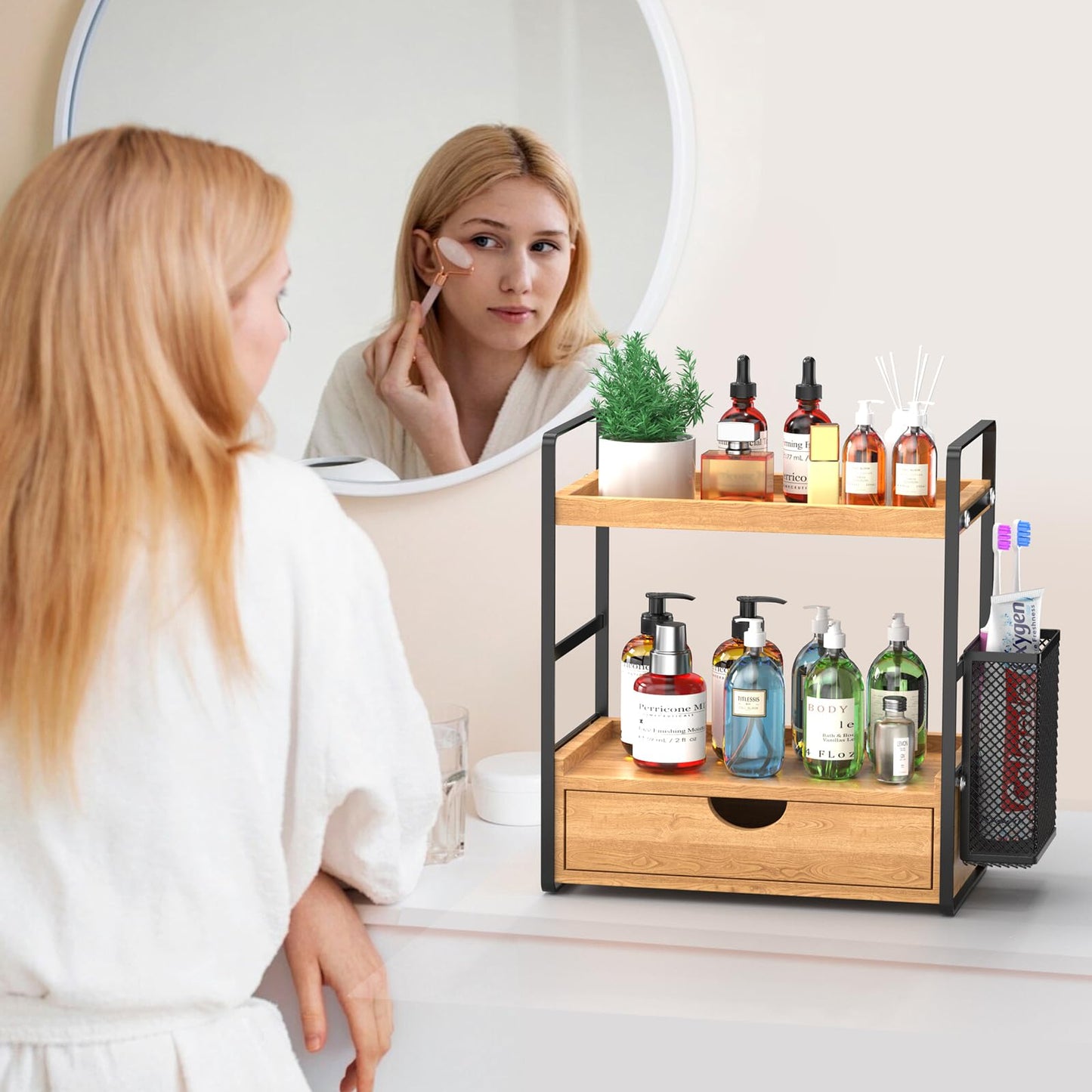 LEMIKKLE 2-Tier Bathroom Counter Organizer with Drawers and Baskets, Multi-Purpose Makeup Organizer Countertop, Large Skincare Organizers, Exquisite Vanity Organizer，Wood