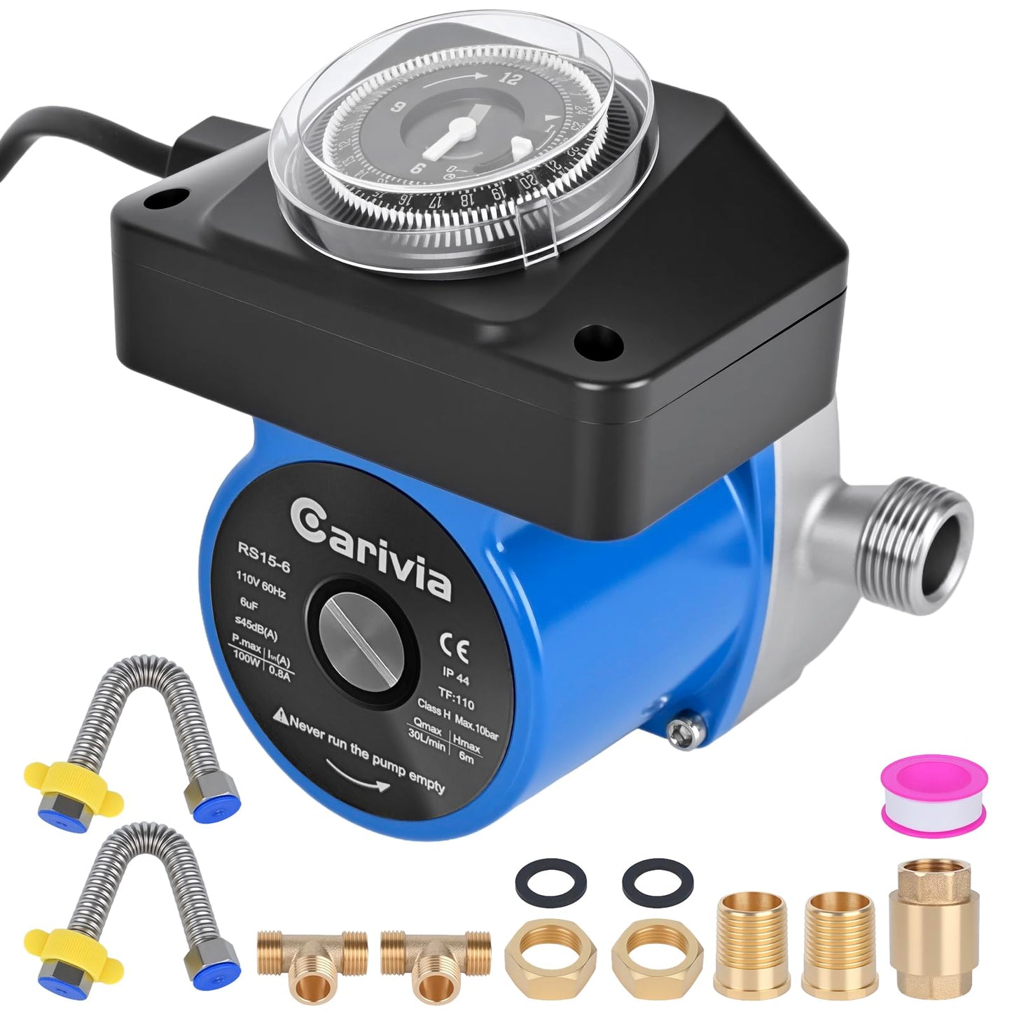 Carivia Hot Water Recirculating Pump, Water Circulation Pump with Timer, Circulator Pump with 3/4" to 1/2'' NPT Connectors，Installation on Electric Water Heater System, for Tank Waters Heaters