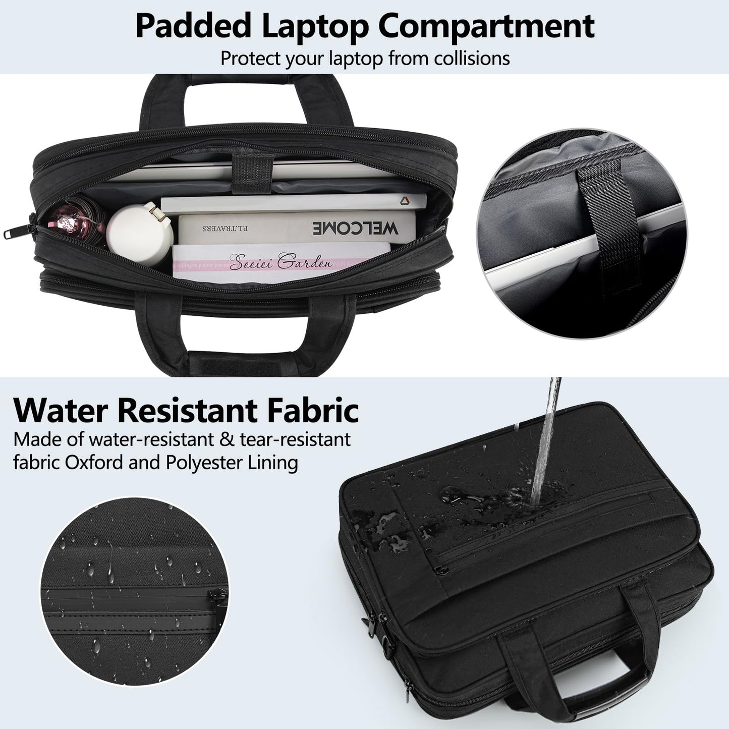 Laptop Bag 15.6 Inch Waterproof Computer Messenger Bag Expandable Briefcase for Men Women Laptop Carrying Case for Travel College Business,Black