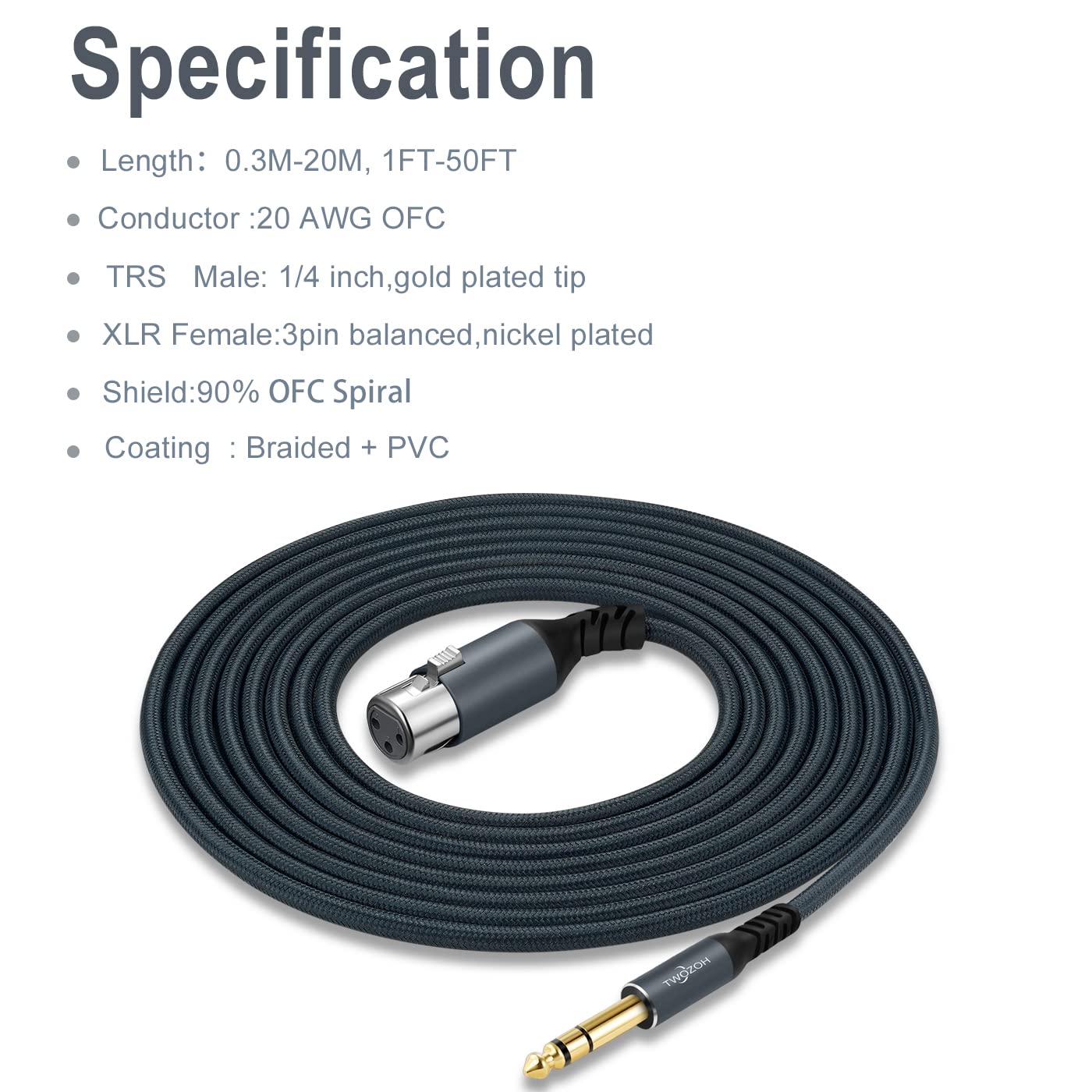 Twozoh XLR Female to 1/4 TRS Cable 10M. Braided 6.35mm Stereo Jack Balanced to 3pin XLR Microphone Cable (Professional/HiFi)