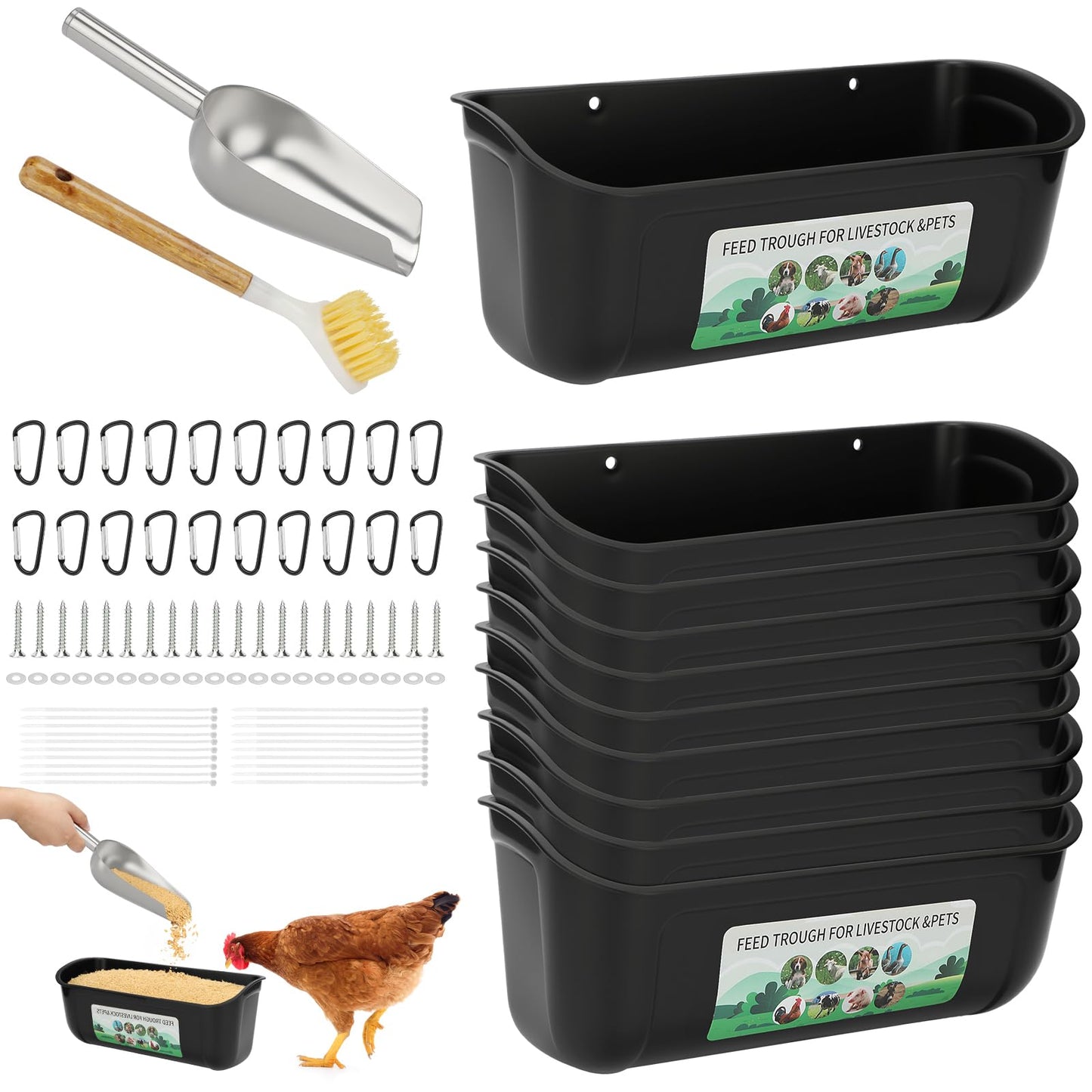 10 Pack Fence Feed Feeder 4.5 Quart Hanging Chicken Feeder Trough with Brush & Scoop Black Goat Hanging Fence Feeders Feeder with Hooks Screws & Zip Tie for Livestock Feeding Container Goats Supplies