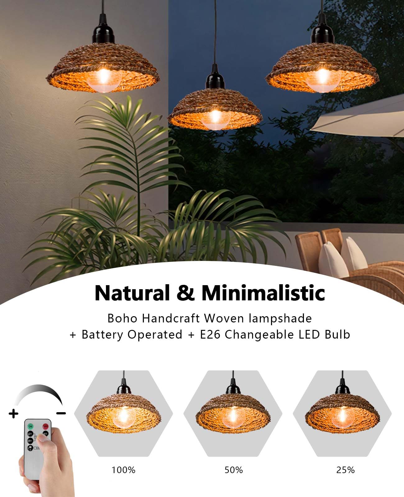 AVAMERY Outdoor Chandelier Lights Waterproof, Battery Operated Pendant Lights for Gazebo, Pergola, Patio, Porch, IP65 Weatherproof(3 Packs)