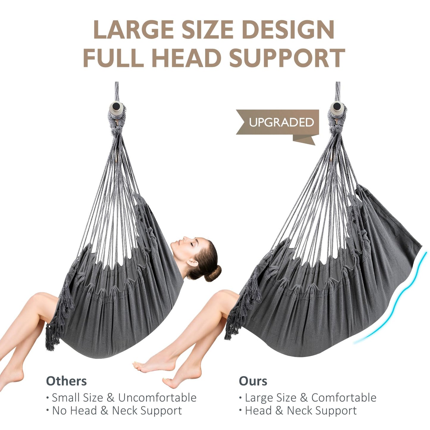 WBHome Extra Large Hammock Chair Swing with Hardware Kit, Hanging Macrame Chair Cotton Canvas, Include Carry Bag & Two Soft Seat Cushions, for Bedroom Indoor Outdoor, Max. Weight 330 Lbs (Grey)