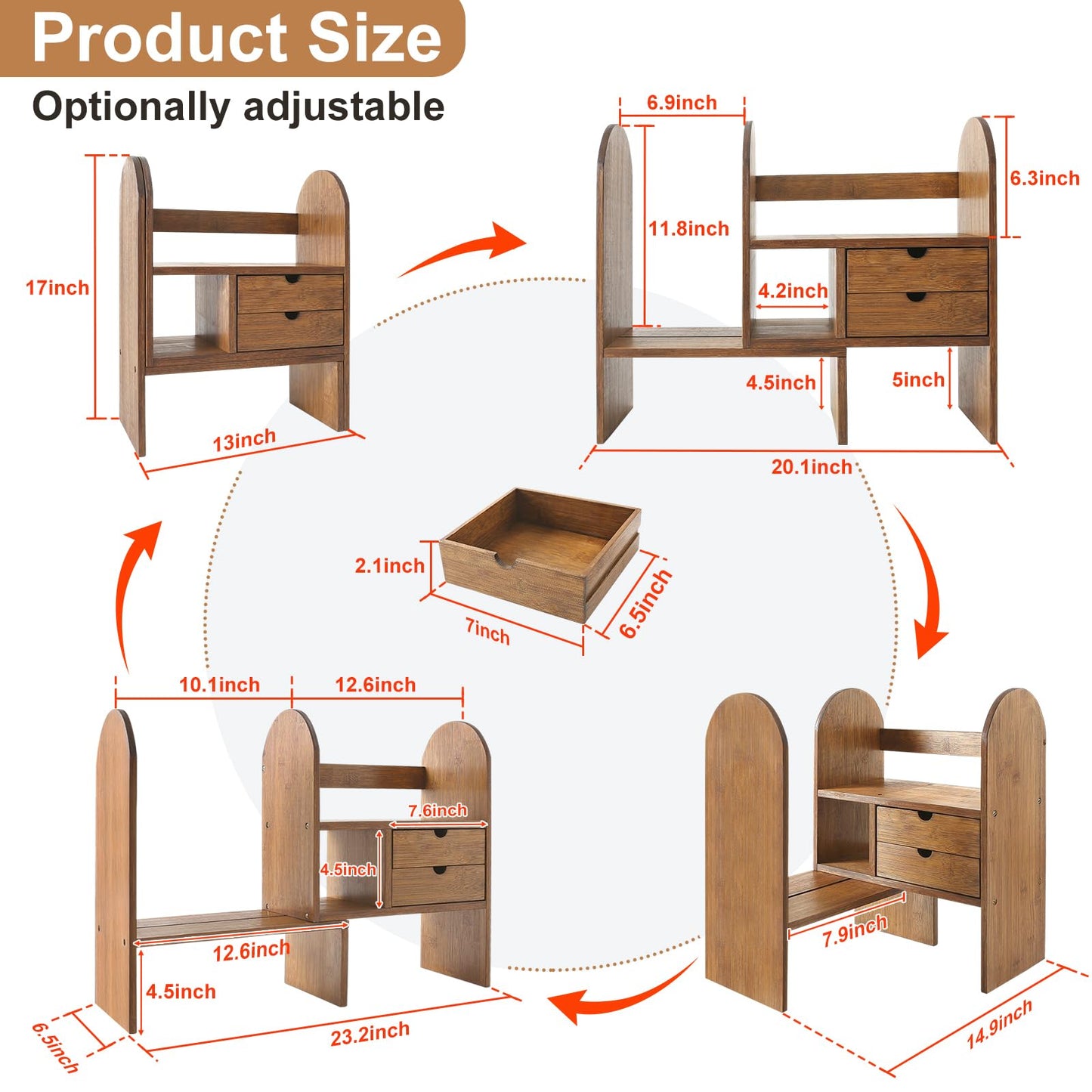 Sunhoo Desktop Bookshelf Organizer Adjustalbe Desk Shelf with Drawers Bedroom Bamboo Shelves Expandable Countertop Bookcase Standing Shelf for Office Supplies Seasoning Plants Books