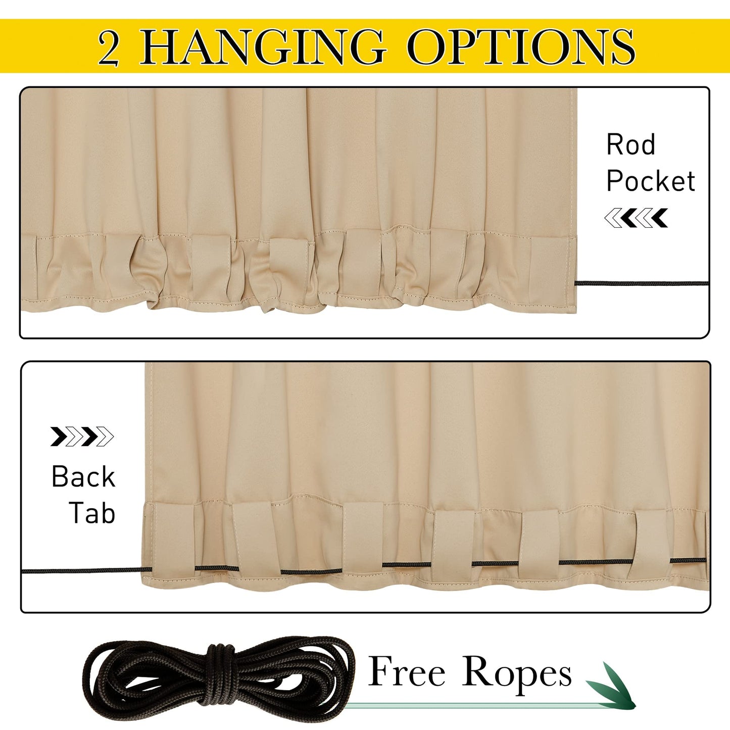NICETOWN Outdoor Curtains 84 Inches 2 Panels for Gazebo, Waterproof Light Blocking Thermal Insulated Grommet Top Back Tab Bottom Weighted with Fixed Rope, Biscotti Beige, 52 Inches Width