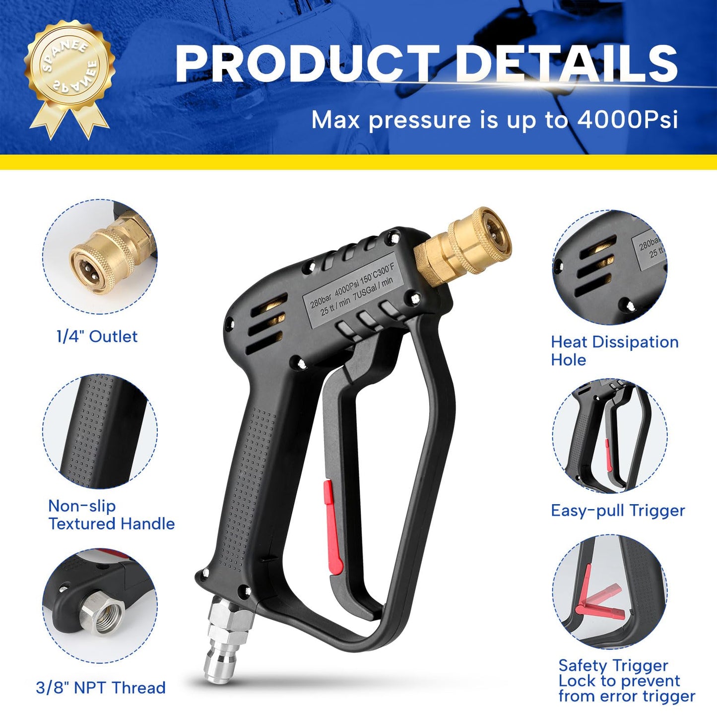 Short Pressure Washer Gun with Swivel, 4000 PSI High Power Washer Spray Gun with 5 Spray Nozzle Tips, 3/8" Quick Connect Plug and M22-14/15mm Fittings, Car Wash Foam Gun Compatible with Foam Cannon