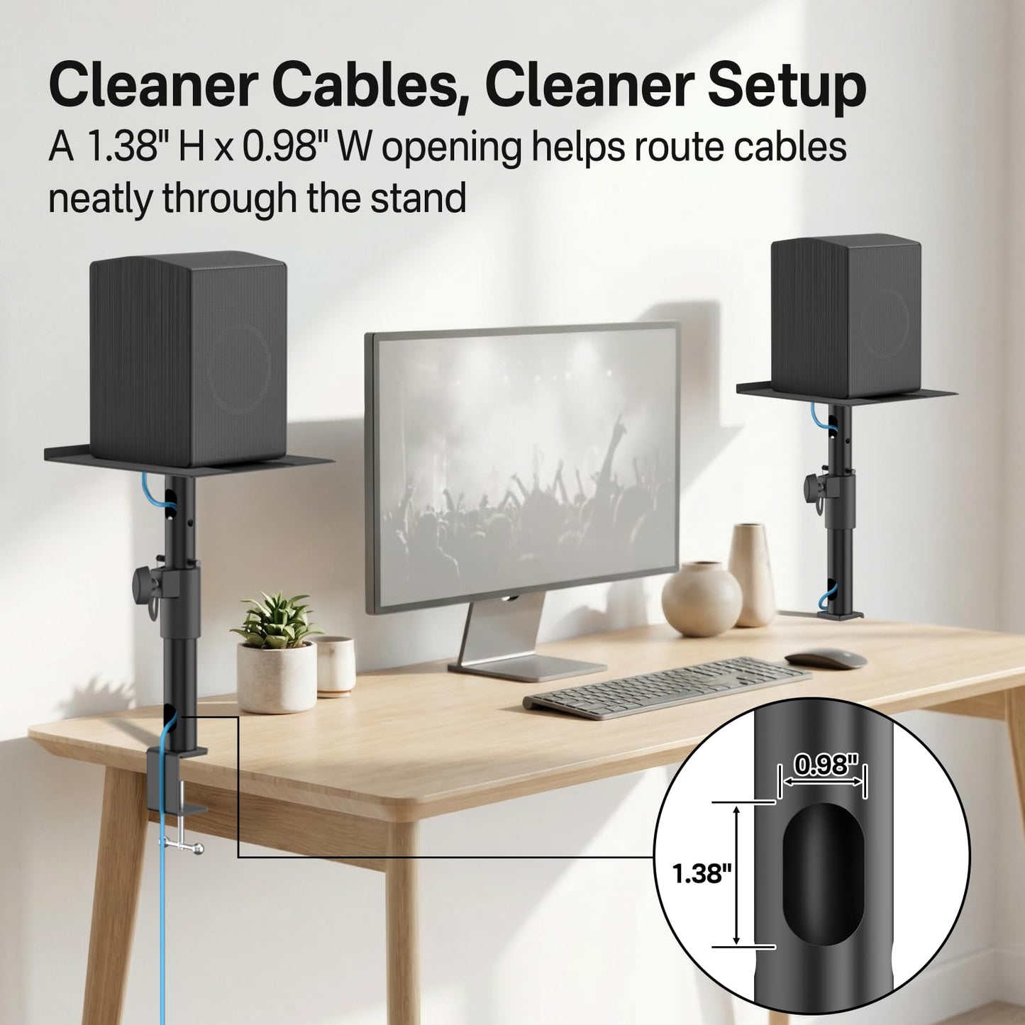 Clamp-on Desk Speaker Stand Pair, Height&Angle Adjustable Desktop Bookshelf Speaker Stands for Samsung Q990D/Q990F, Fit Edifier/KRK/Klipsch/Yamaha Built-in Cable Management WR Headset Hook& Cable Ties