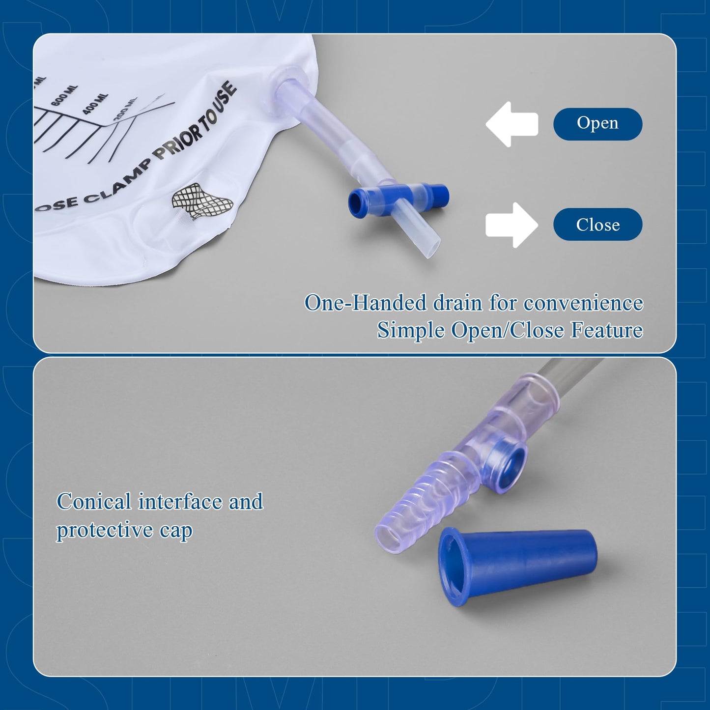 5 Pack BeHerk Catheter Bags for Men and Women, 2000mL Professional Urinary Drainage Bag with Anti-Reflux Drip Chamber, 48” Overnight Drainage Tube, Adjustable Clips & Hanging Hook