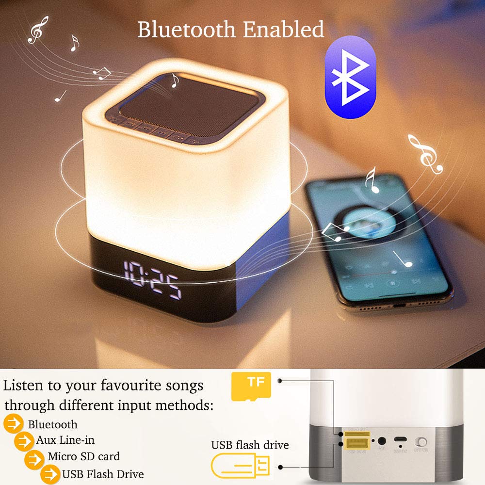 Night Lights Bluetooth Speaker,HoaBoly Alarm Clock Wireless Bluetooth Speakers,Touch Sensor Bedside Lamp,Color Changing Night Lights for Kids,MP3 Music Player, Speakerphone/TF Card/AUX-in Supported