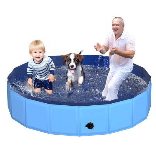 CACSPS 71" x 12" Foldable Dog Pool - Collapsible Hard Plastic Kiddie Pool for Dogs & Kids, Non-Slip Pet Bath Tub for Outdoor Backyard Use, Lightweight & Portable (Blue)