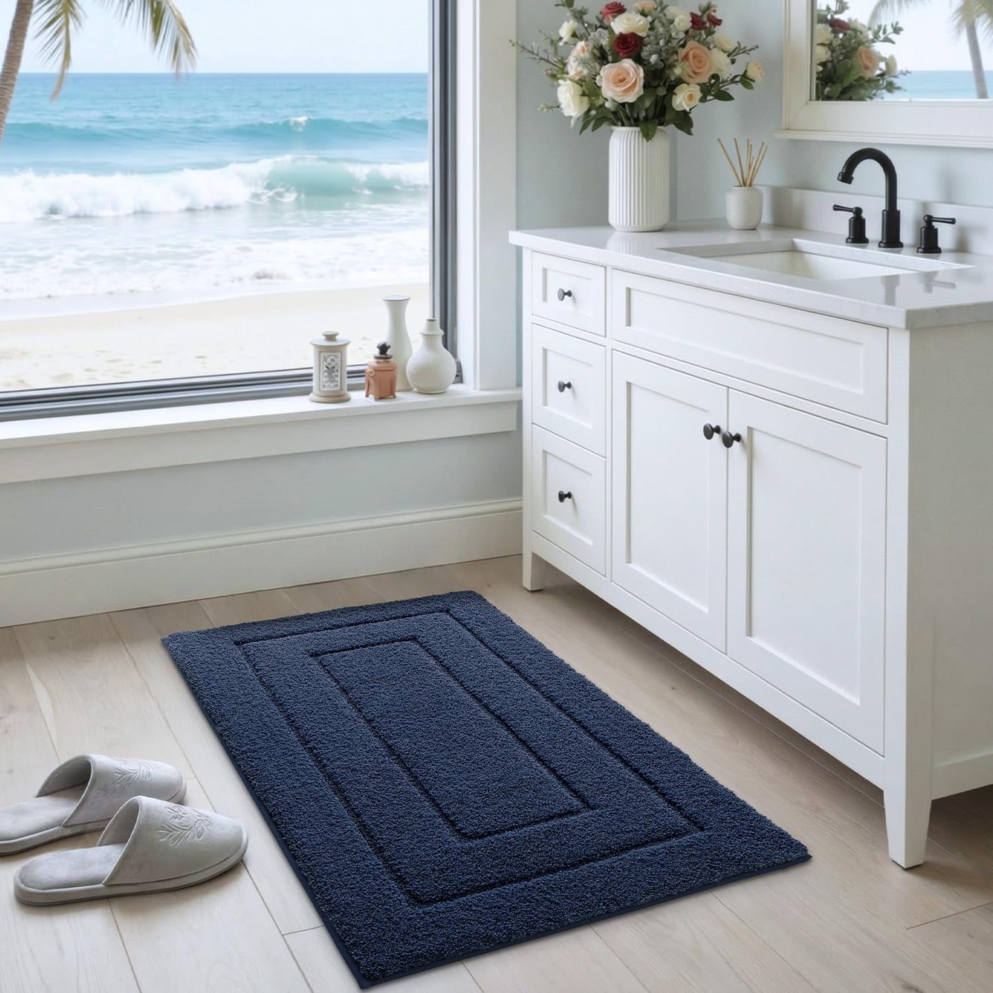 DEXI Bath Mat Non Slip, 24x36 Absorbent Microfiber Soft Bathroom Rug, Machine Washable Carpet for Shower Floor Bathmat Decor, Navy