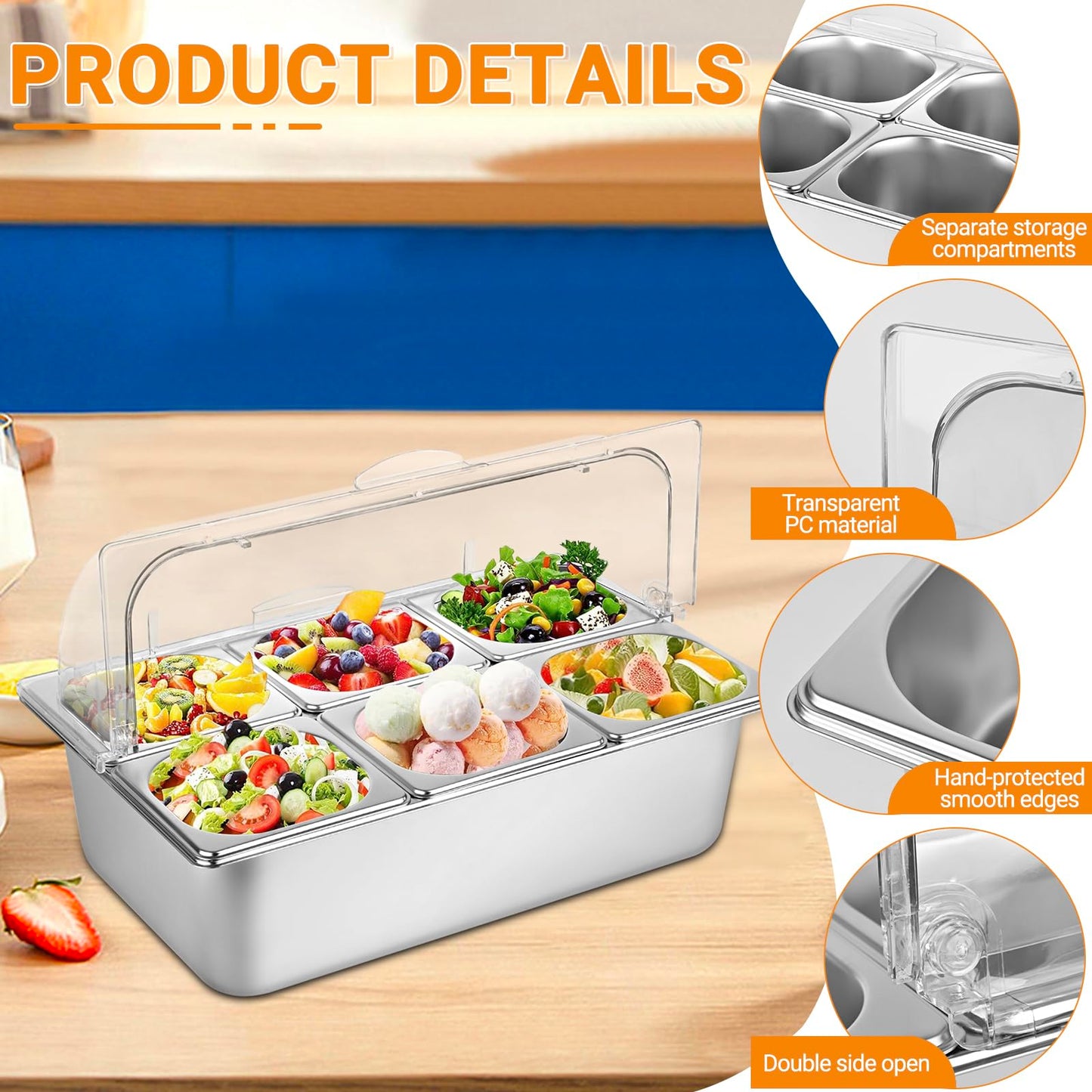 Julymoda Countertop Food Serving Display Container with Clear Lid, Stainless Steel Serving Tray Catering Supplies Buffet Display Condiment Container for Restaurant Hotel Kitchen (6 Pan)
