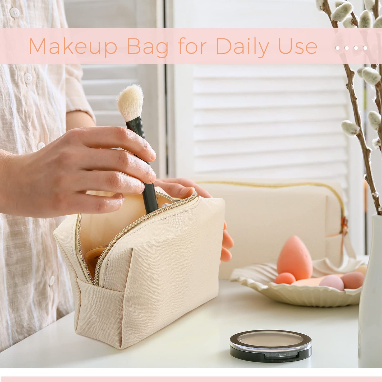 8 Pcs Makeup Bag Pu Leather Cosmetic Pouch Waterproof Small Toiletry Bag Portable Cosmetic Organizer Water Resistant Storage Purse for Lady Women Daily Storage Travel Organizer (Beige,Medium)