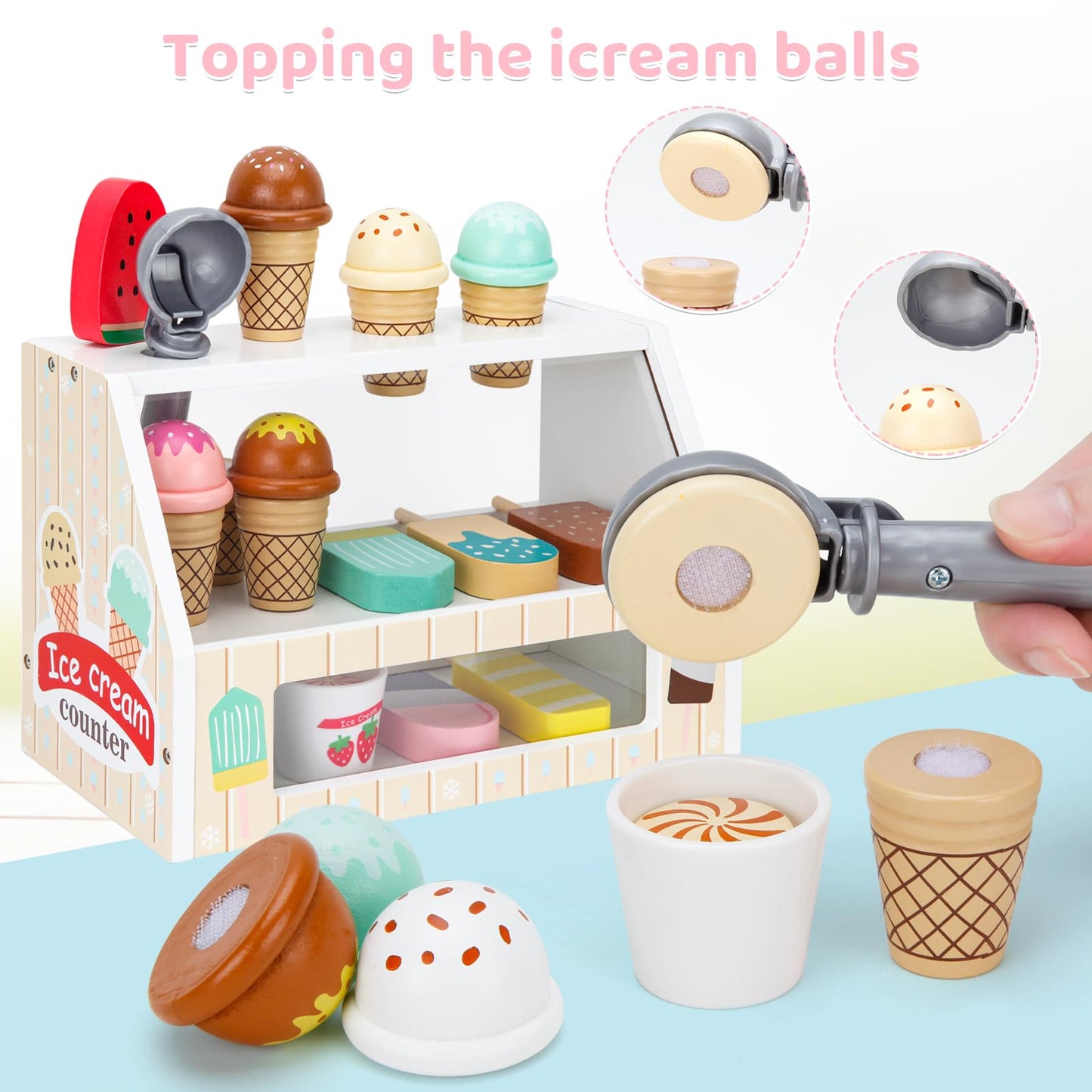 ZJEFUNS Wooden Ice Cream Toys for Kids Ice Cream Counter Shop for Toddlers Pretend Play Food Scoop and Serve with Scoop & Menu & Fake Money for Boys and Girls Ages 3 4 5 6 (Beige)