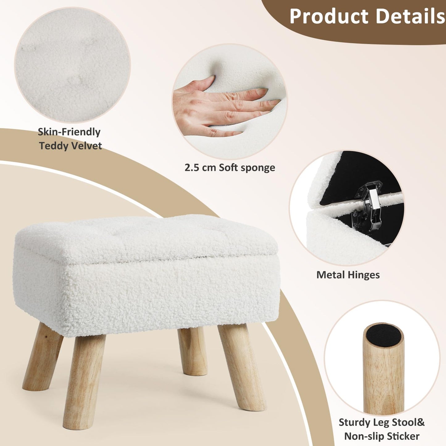 OGEMXU Storage Ottoman, Small Foot Stool Ottoman with Storage, Boucle Teddy Velvet Foot Rest with Padded Seat. (Cream)