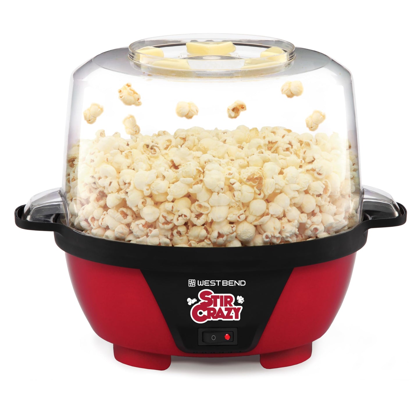 West Bend 82505 Stir Crazy Electric Hot Oil Popcorn Popper Machine with Stirring Rod Offers Large Lid for Serving Bowl and Convenient Storage, 6-quart, Red