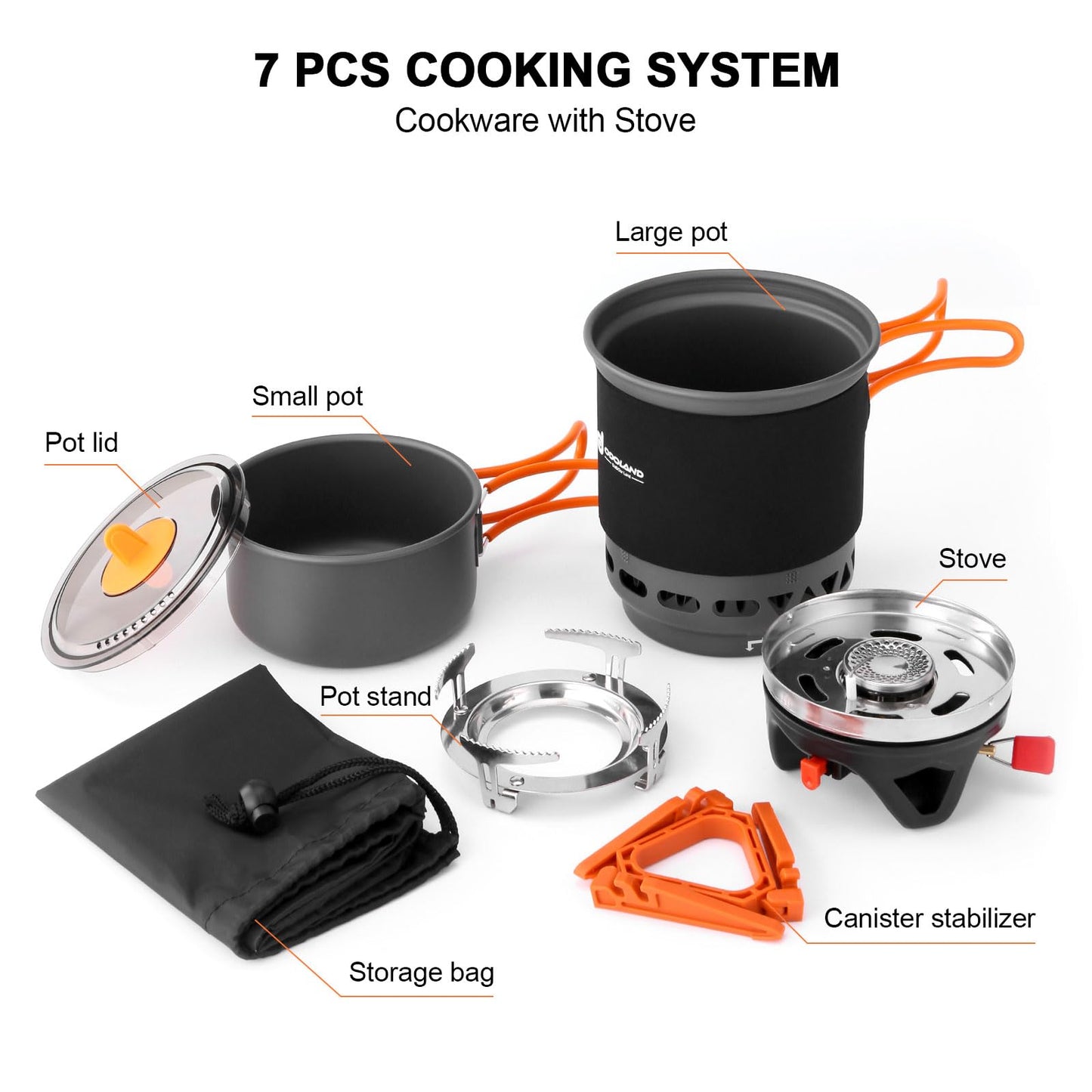 Odoland Backpacking and Camping Stove Cooking System, 7-In-1 Energy Saving Cooking Stove Set, Lightweight Camp Pot with Burner for Hiking Trekking Fishing and Backpacking