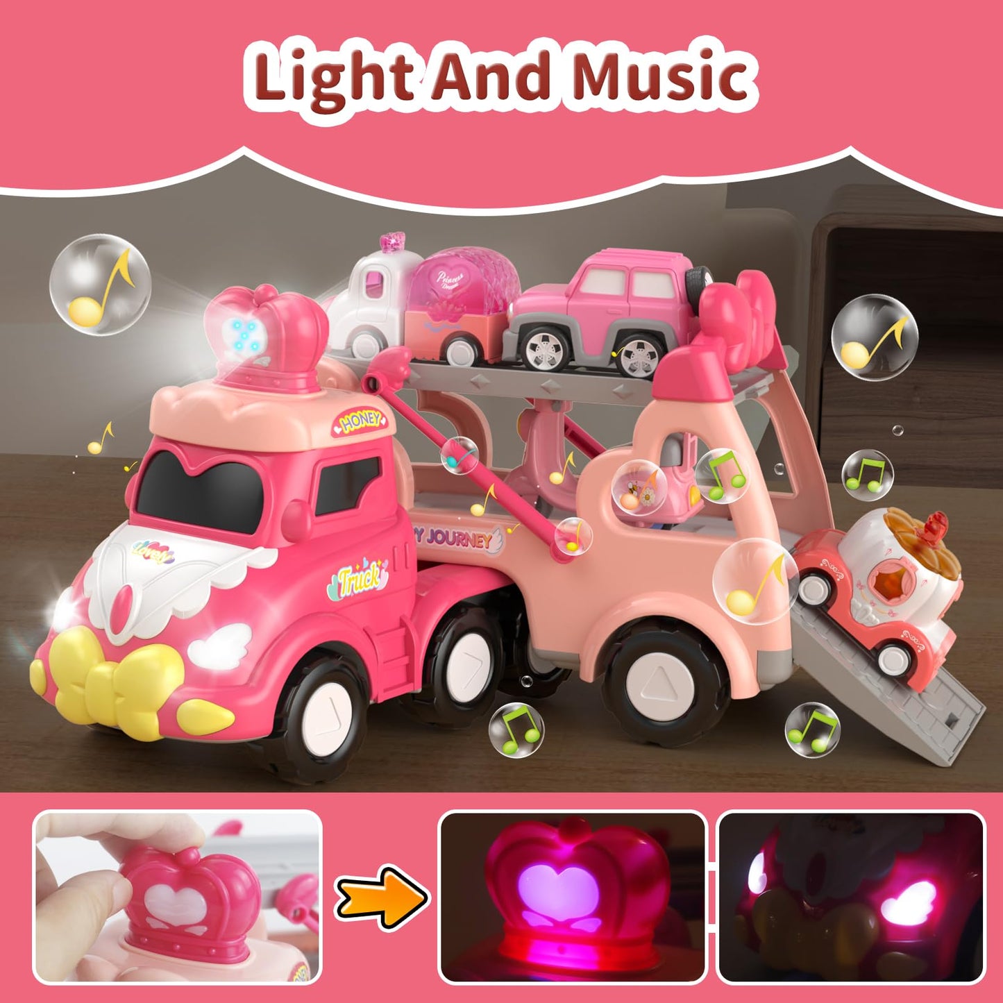 Toddler Girl Truck Car Toys for 1 2 3 Year Old Girl Birthday Gifts, 7-in-1 Pink Princess Transport Carrier Trucks for Toddlers 1-3, Friction Power Toy Cars with Lights & Music, My Daughter First Gift