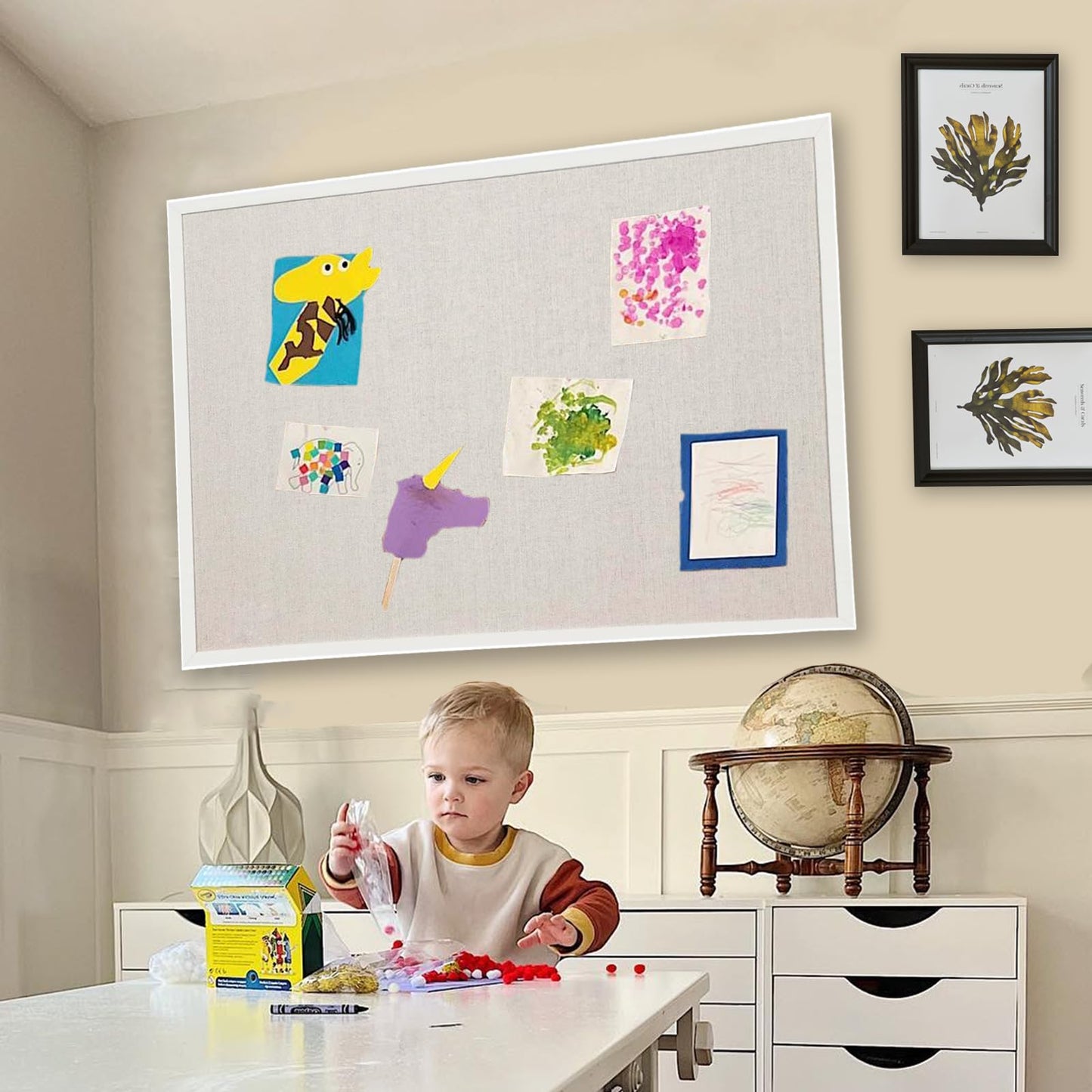 AMKIOKIO 24x36 Inch White-Framed Linen Cork Board - Stylish Home Decor, Versatile Pinning Surface, Includes Hanging Kit