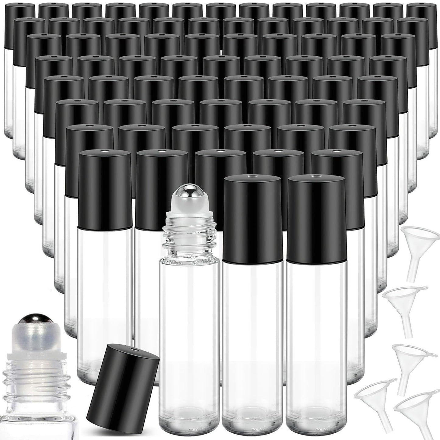 50 Pcs Essential Oil Roller Bottles, 10ml Empty Glass Roll on Bottle with Stainless Steel Applicator, Refillable Perfume Containers for Women Girls Travel, Wedding Baby Shower Party Gifts - Clear