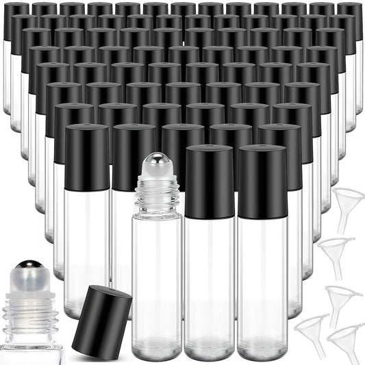 50 Pcs Essential Oil Roller Bottles, 10ml Empty Glass Roll on Bottle with Stainless Steel Applicator, Refillable Perfume Containers for Women Girls Travel, Wedding Baby Shower Party Gifts - Clear