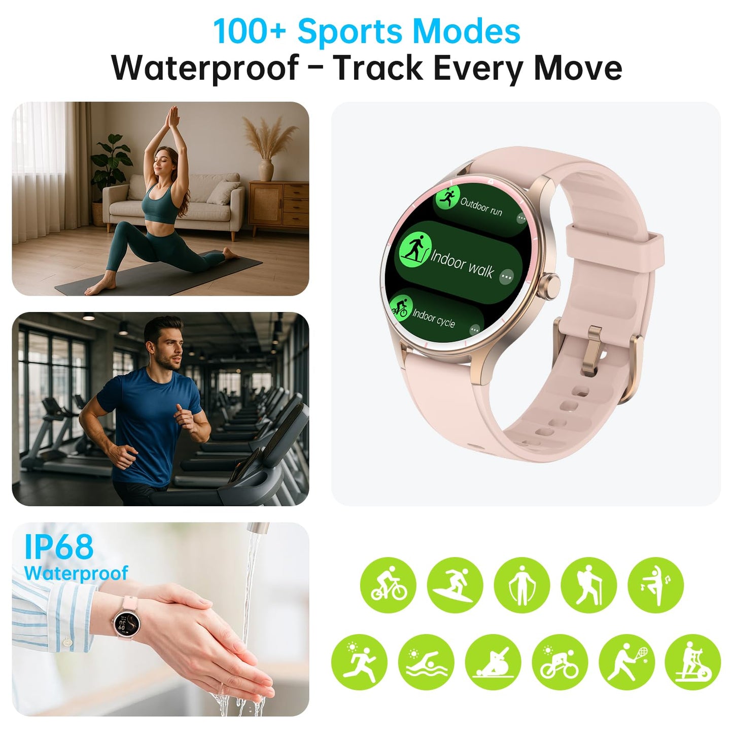 Smart Watch for Men Women, 1.27" HD Touchscreen Fitness Tracker, Bluetooth Calling, 100+ Sports Modes, Heart Rate Sleep Monitor, DIY Dial, IP68 Waterproof, Compatible with Android & iOS