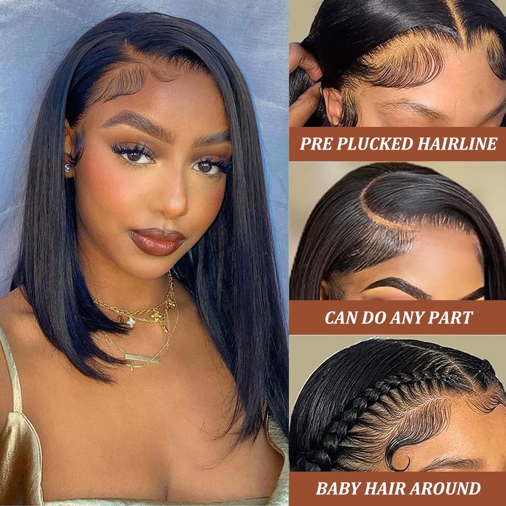 13x4 Lace Front Wigs Human Hair Bob Wigs for Women Human Hair Short Hair Straight Glueless Bob Wigs Human Hair Pre Plucked with Baby Hair 10 Inch Perruque Femme Humain Naturel