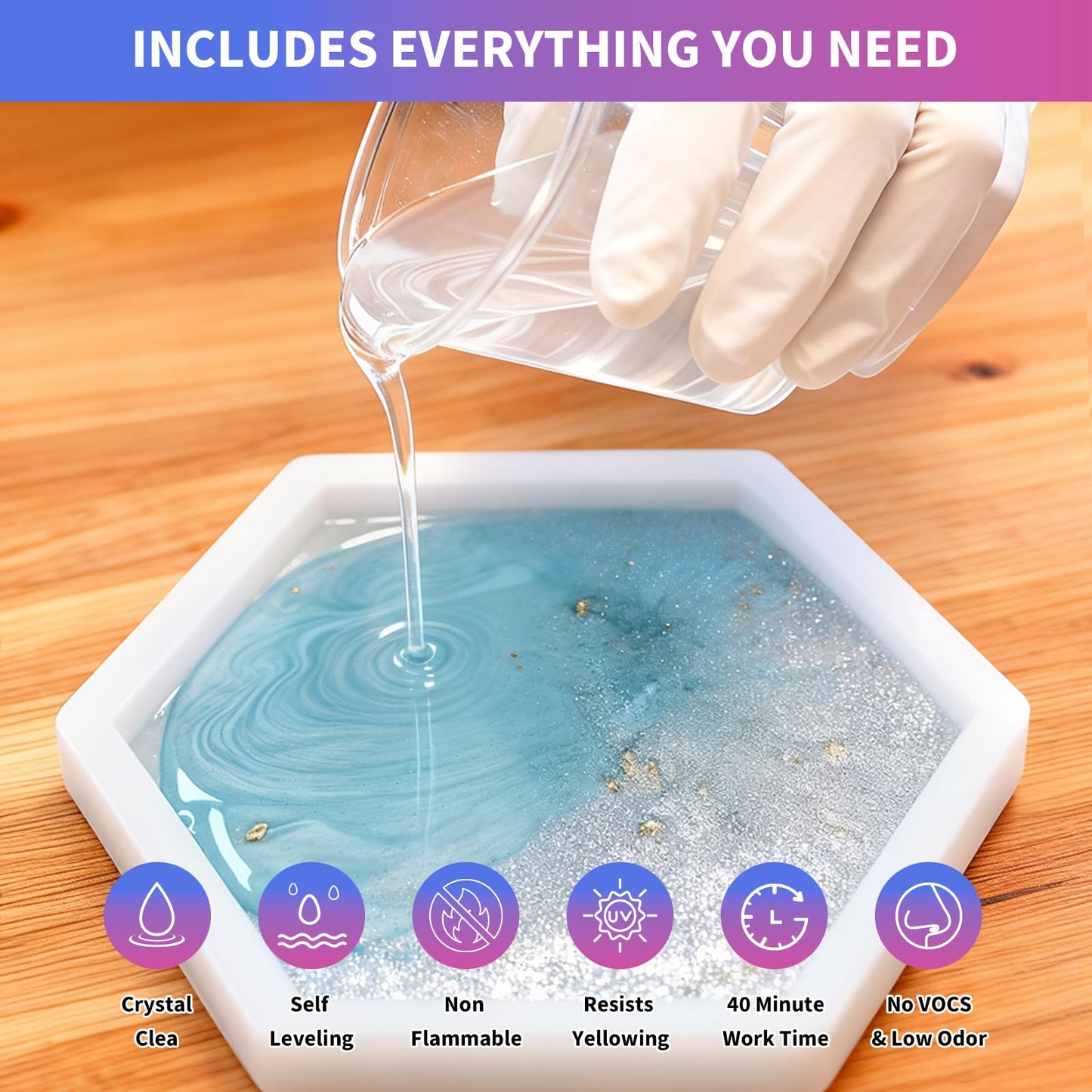 Minlebao Crystal Clear Epoxy Resin Kit 1 Gallon/3.8L, High Gloss Bubble-Free Coating & Casting for DIY Art, Accessory Making, River Tables - 1:1 Ratio with Measuring, Silicone Mold and Usage Tools (1gallon)