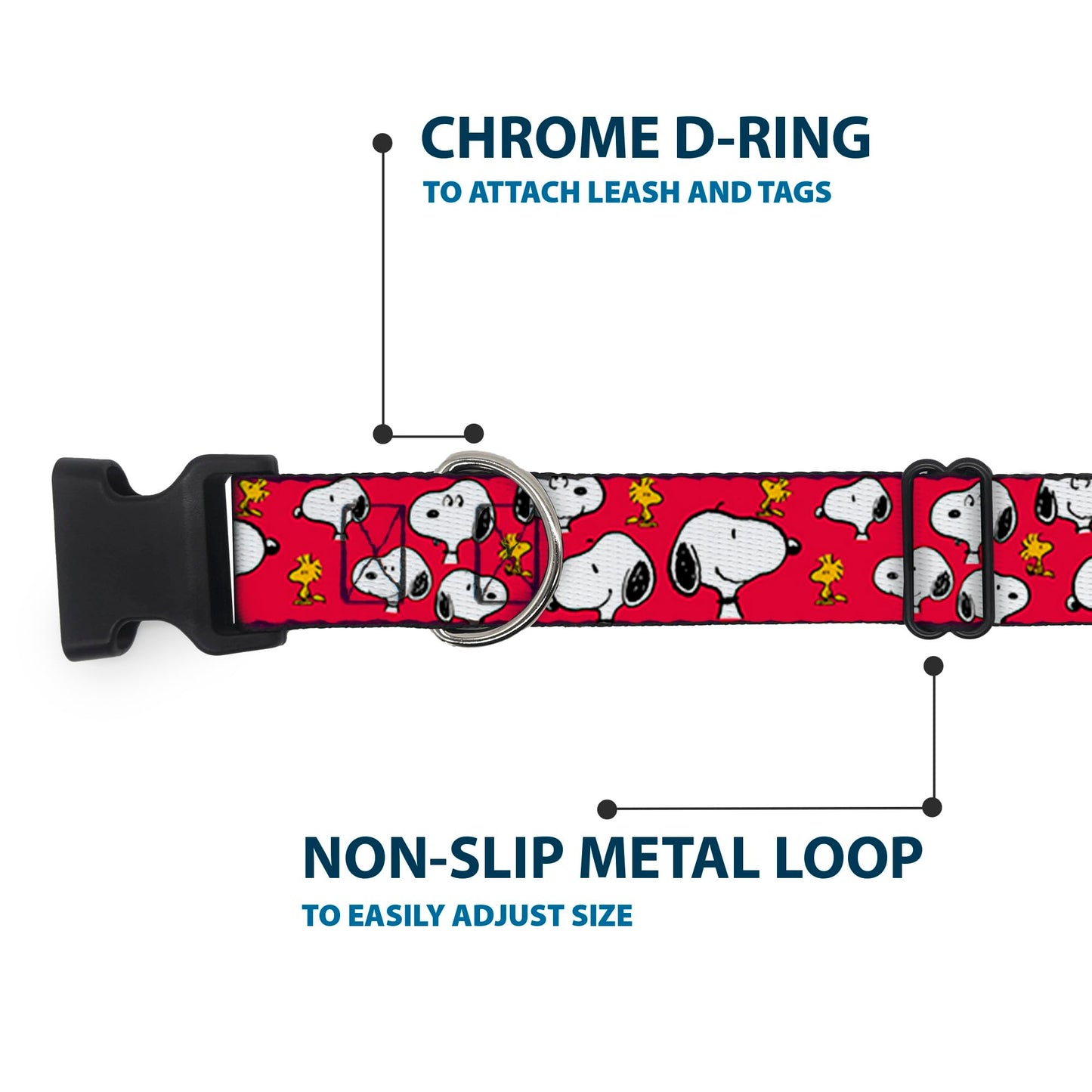 Peanuts Worldwide LLC Pet Collar, Dog Collar Plastic Buckle, Peanuts Snoopy and Woodstock Poses Scattered Red, 15 to 24 Inches 1.0 Inch Wide