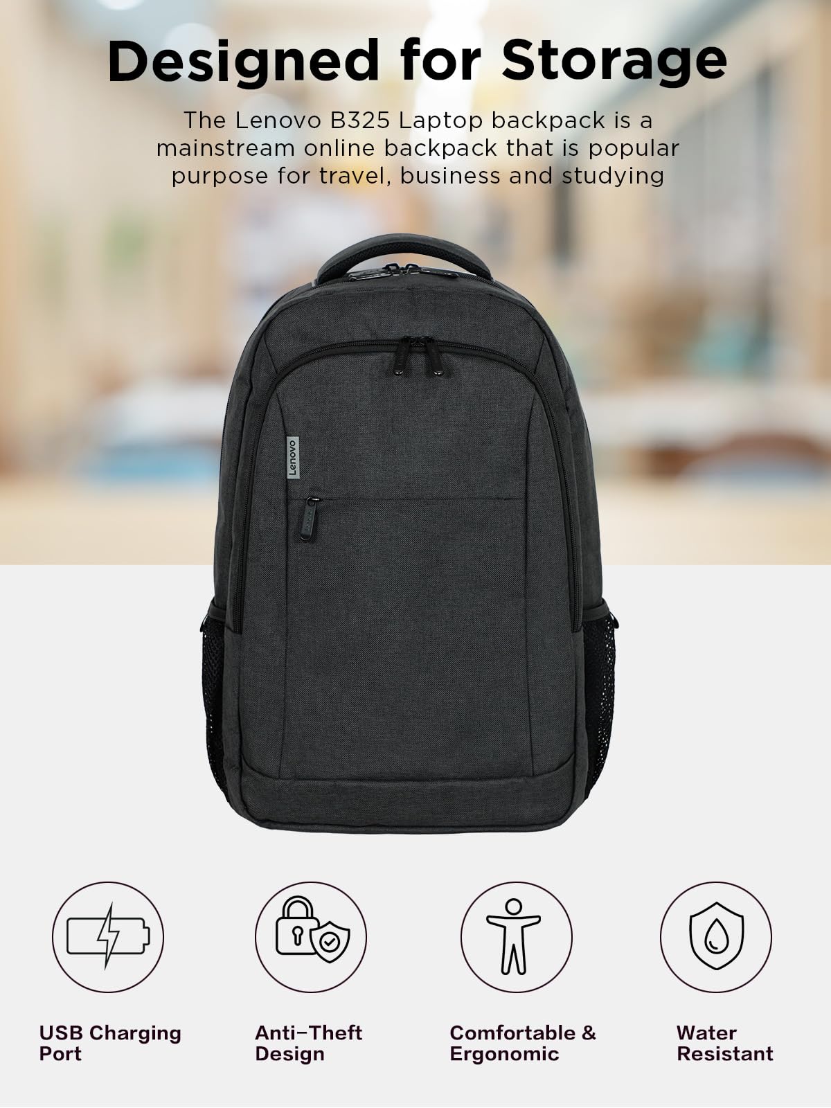 Lenovo B325 Laptop Backpack 35L, Anti Theft, 2 Compartments, External USB Port,Luggage Strap, Grey