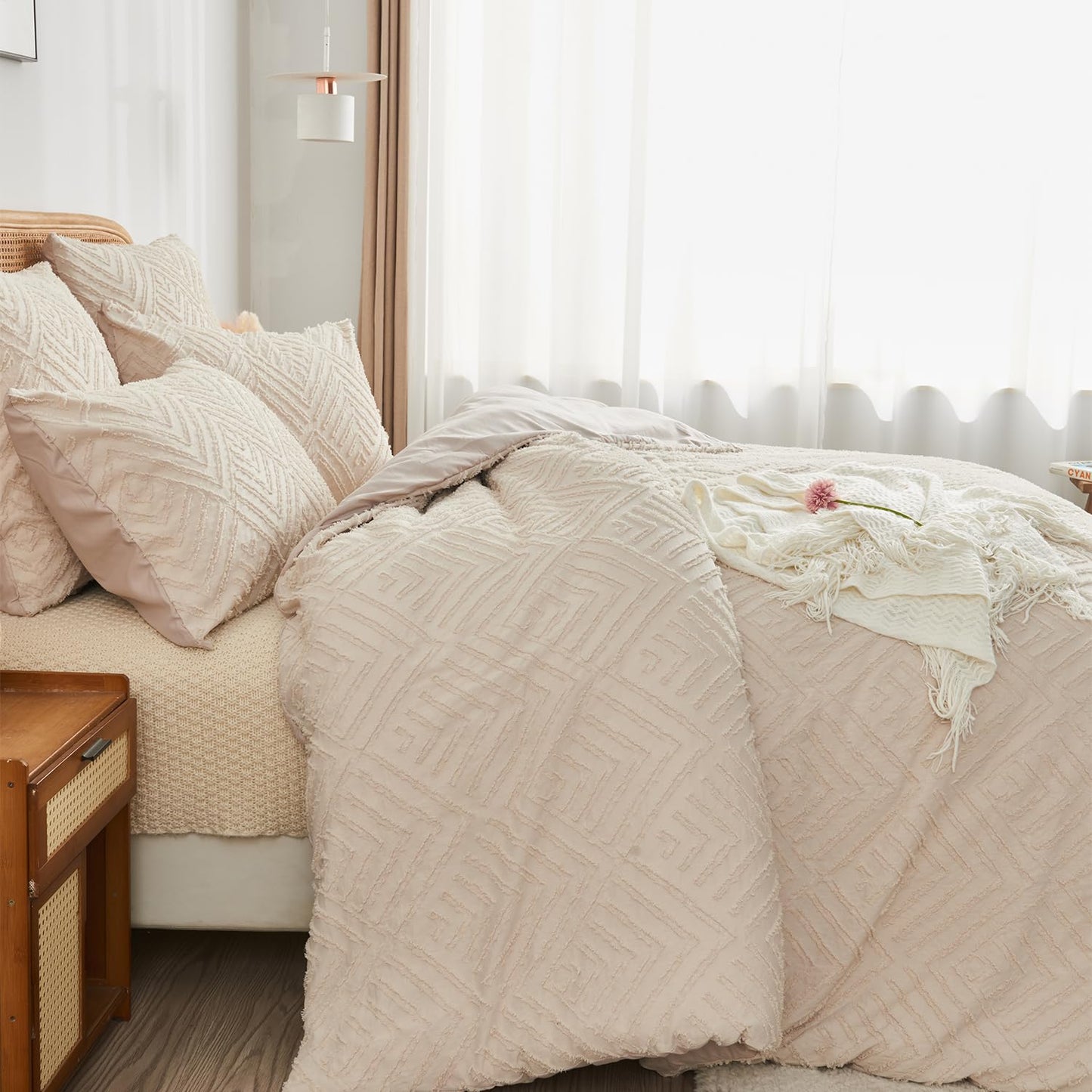 YASMENG Beige Duvet Cover Set King Size - Boho Tufted Jacquard with Geometric Plaid Pattern Duvet Cover Shabby Chic Embroidery Bedding Khaki Soft Microfiber Farmhouse Tufts Textured Comforter Cover