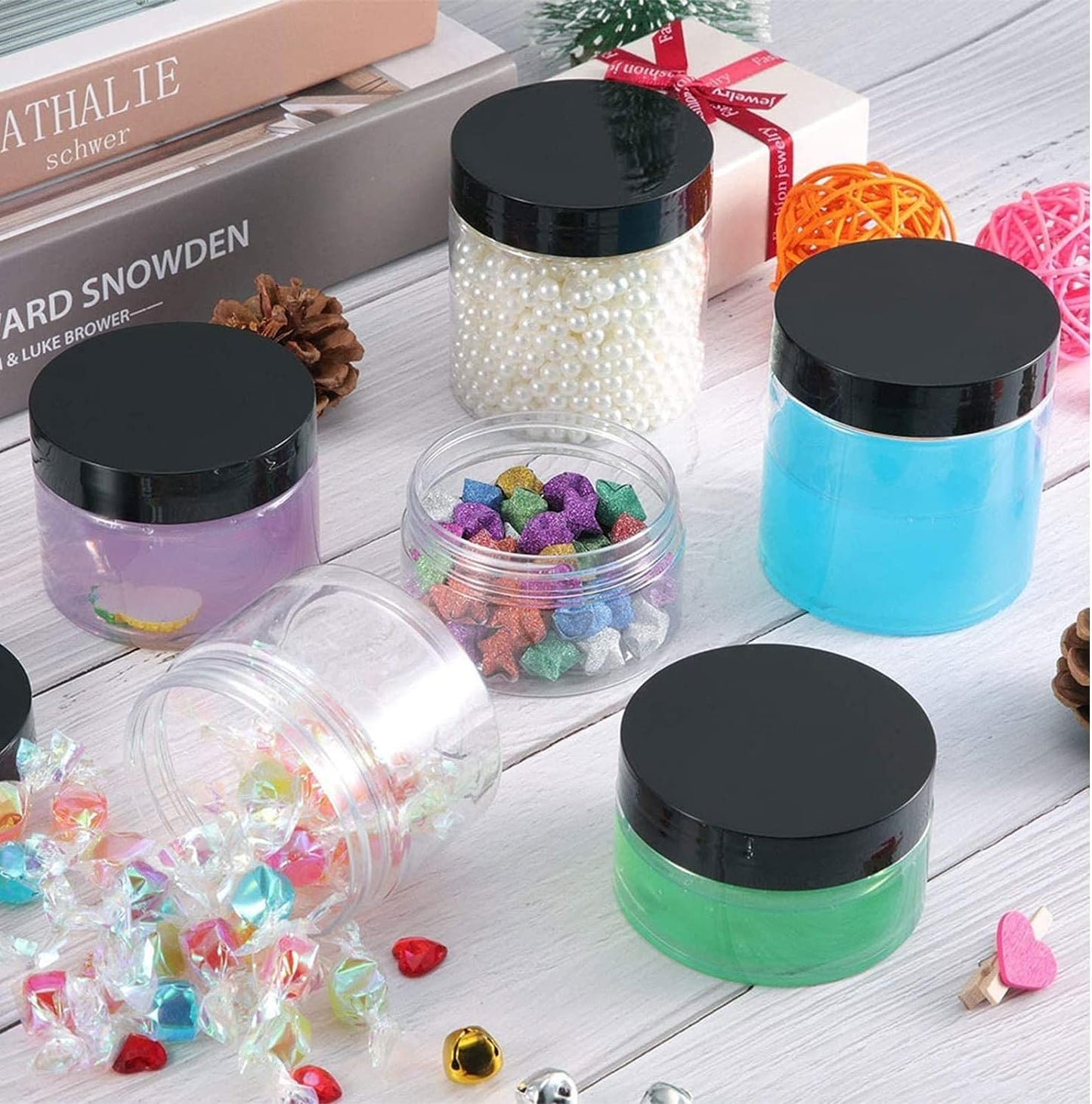 48 Pack Plastic Jars with Black Lids, Wide Mouth Plastic Jars Container, Round Clear Refillable Stackable Cosmetic Container with Labels & Pen for Storage Liquid Beauty Product(120ml/4oz)