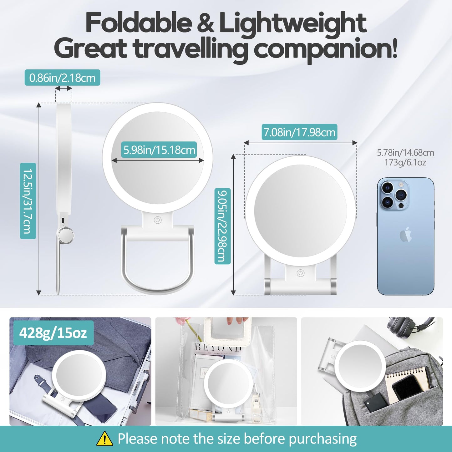 Magnifying Mirror with Light 30X, Double-Sided 1X/ 30X Magnifying Makeup Mirror with Tweezer, 2000mAh 3 Colour Modes with Adjustable Brightness, Foldable Compact Travel Mirror