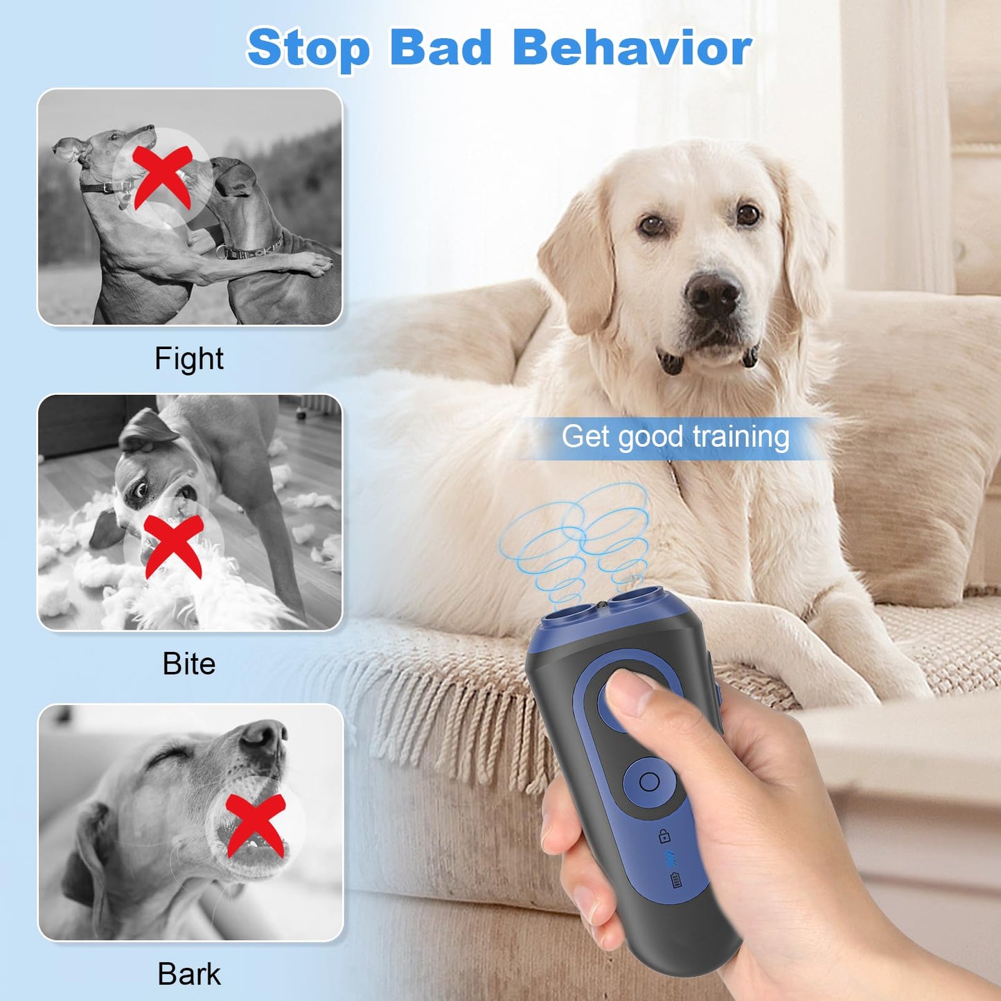 Anti Barking Device for Dogs, Ultrasonic Dog Barking Deterrent Devices with 2 Modes, Dog Bark Control & Training Aid, Portable Bark Deterrent for Dogs with Flashlight