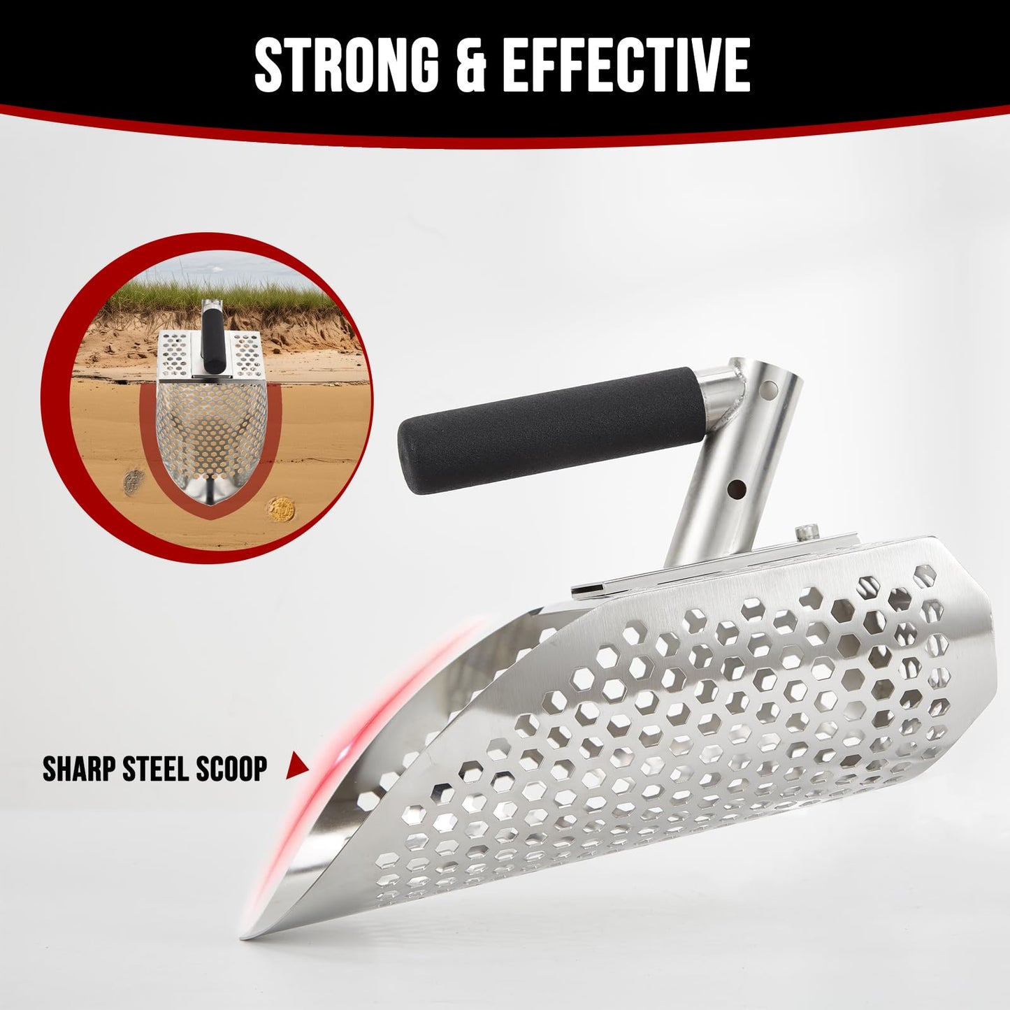 Sand Scoop for Metal Detecting, Metal Detector Scoop with Long Steel Handle, Stainless Steel Metal Detector Shovel, Sand Sifter for Beach, Metal Detector Accessories, Sand Flea Rake for Treasure