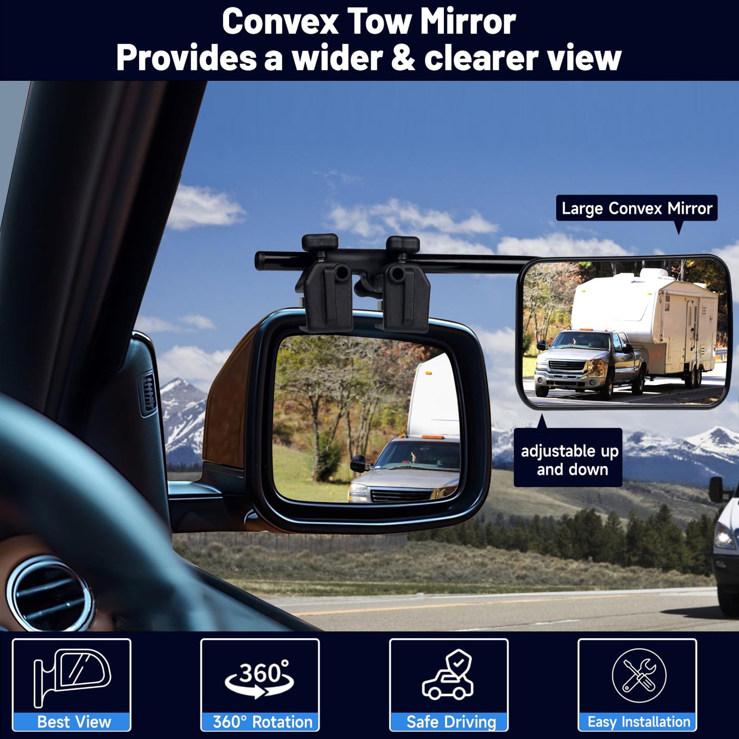 Universal Towing Mirrors, 2 Pack Universal Clip-on Side Mirror Extenders 360 Degree Rotation Adjustable Mirror Adjustable Side Mirror Extension for Towing,Suitable for Most SUV,Trailer,Jeep,RV,Truck ﻿