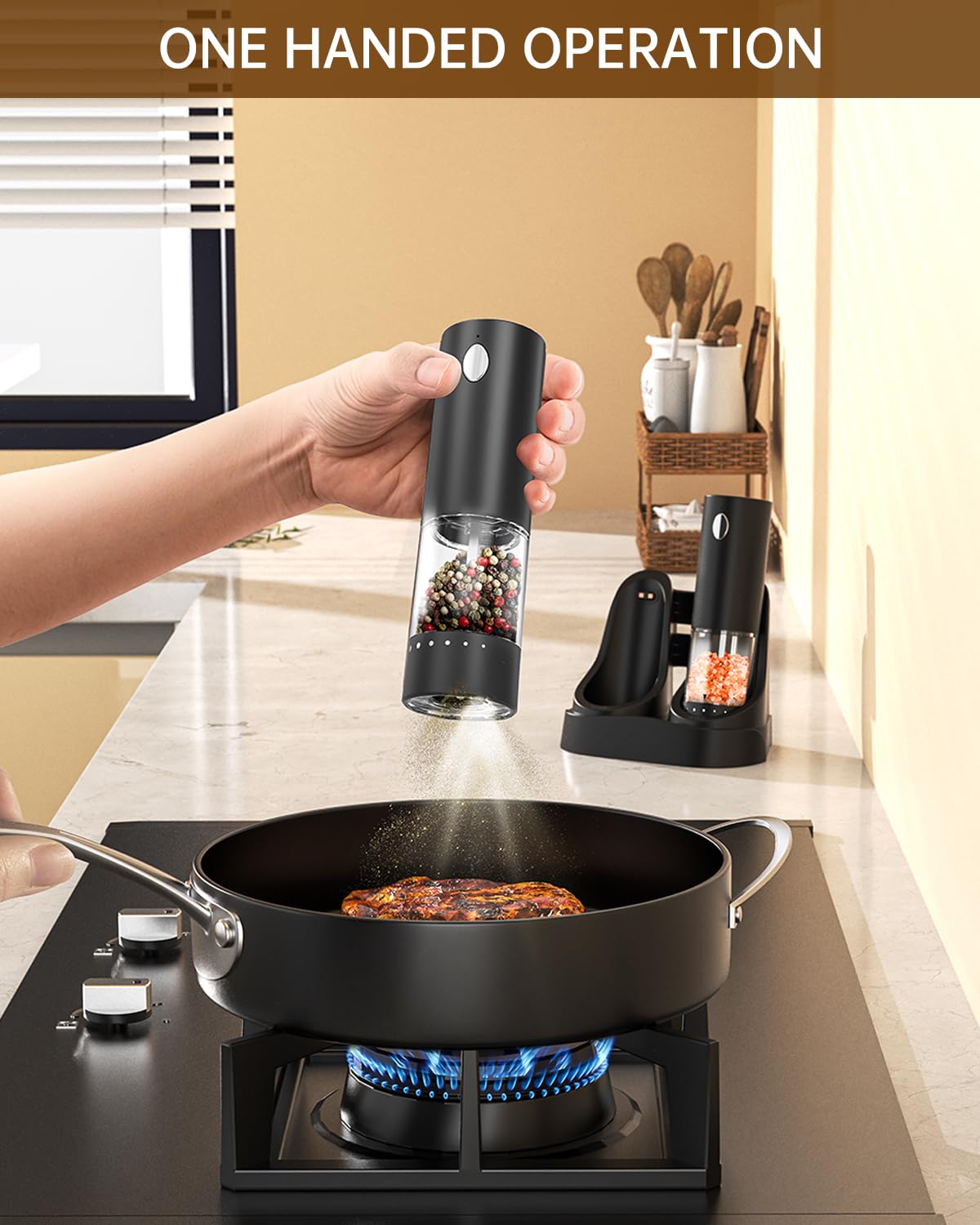 CIRCLE JOY Electric Rechargeable Salt and Pepper Grinder Set with Easy-to-Carry Dual Charging Base, Externally Adjustable, 100 ml Large Capacity, LED Light, Black
